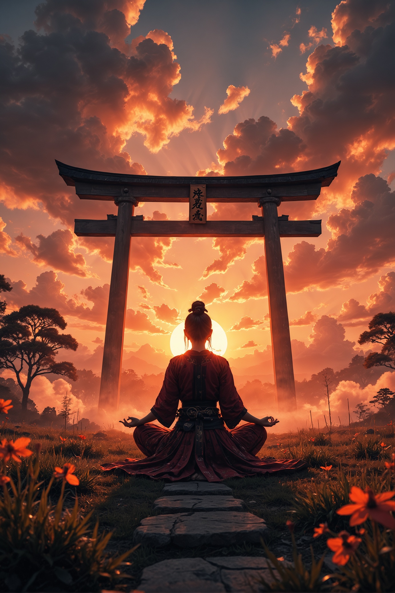 .A wide-angle shot of a female Samurai meditating in a temple garden in an open field at dawn with traditional clan symbol...