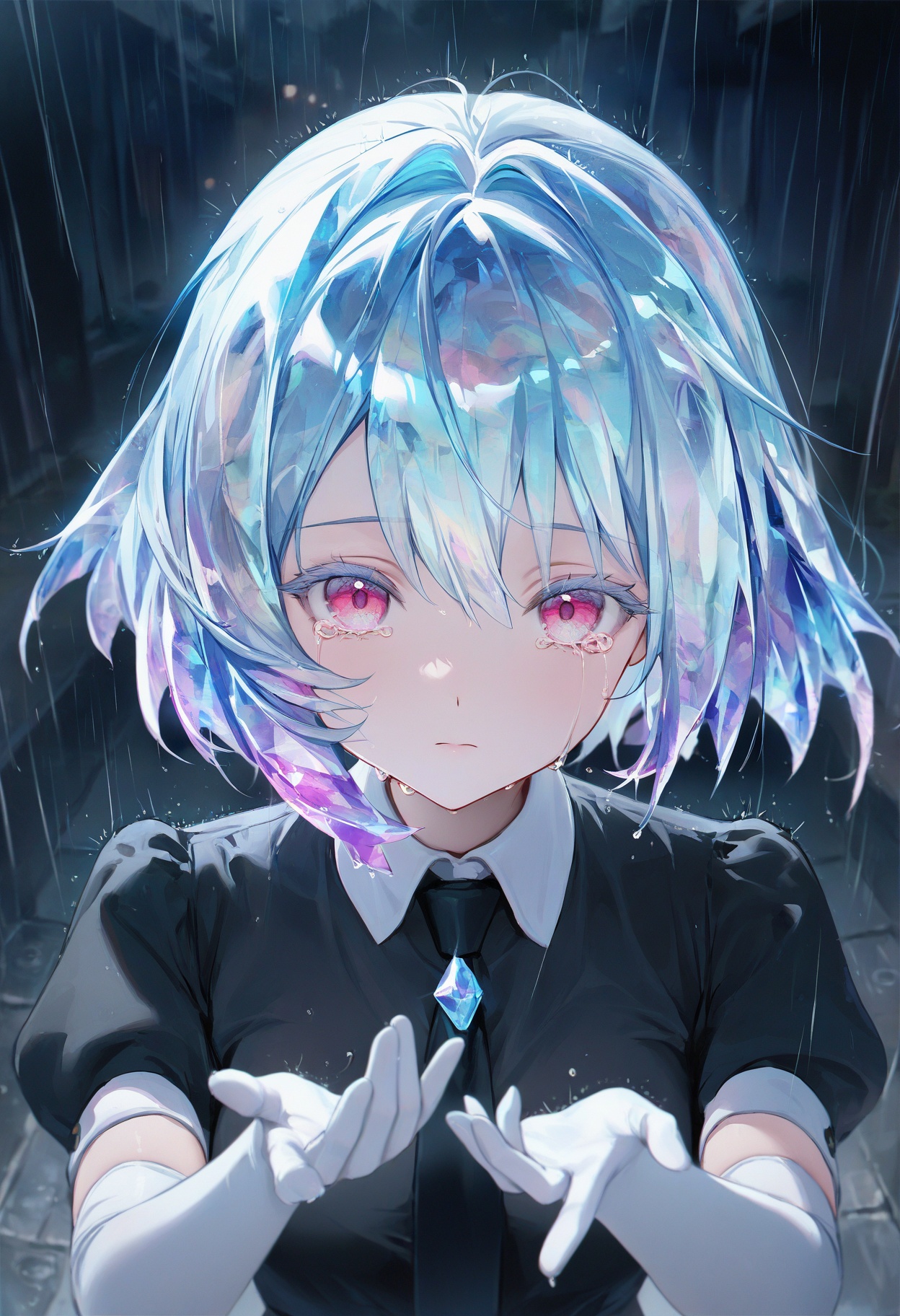 (houkisei:0.5),(umehara sei:0.5), 1girl,hskdmnd,crystal hair,colored eyelashes,multicolored hair,short hair,black shirt,puffy short sleeves,collared shirt,black necktie,white elbow gloves,looking at viewer,expressionless,dark background,rain,open hands want to hug, tears,, masterpiece,best quality,amazing quality,very aesthetic,absurdres,newest,scenery,impactful picture,offcial art,movie perspective,