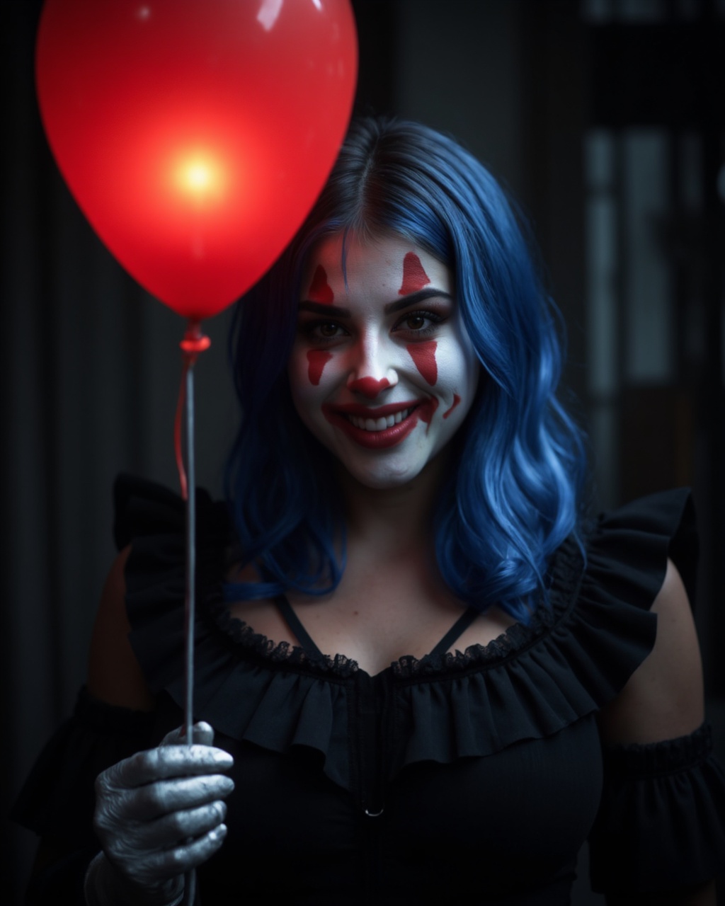 A dark,  moody portrait of daniella_monet dressed as a clown,  illuminated by a single red balloon. The clown's face is pa...