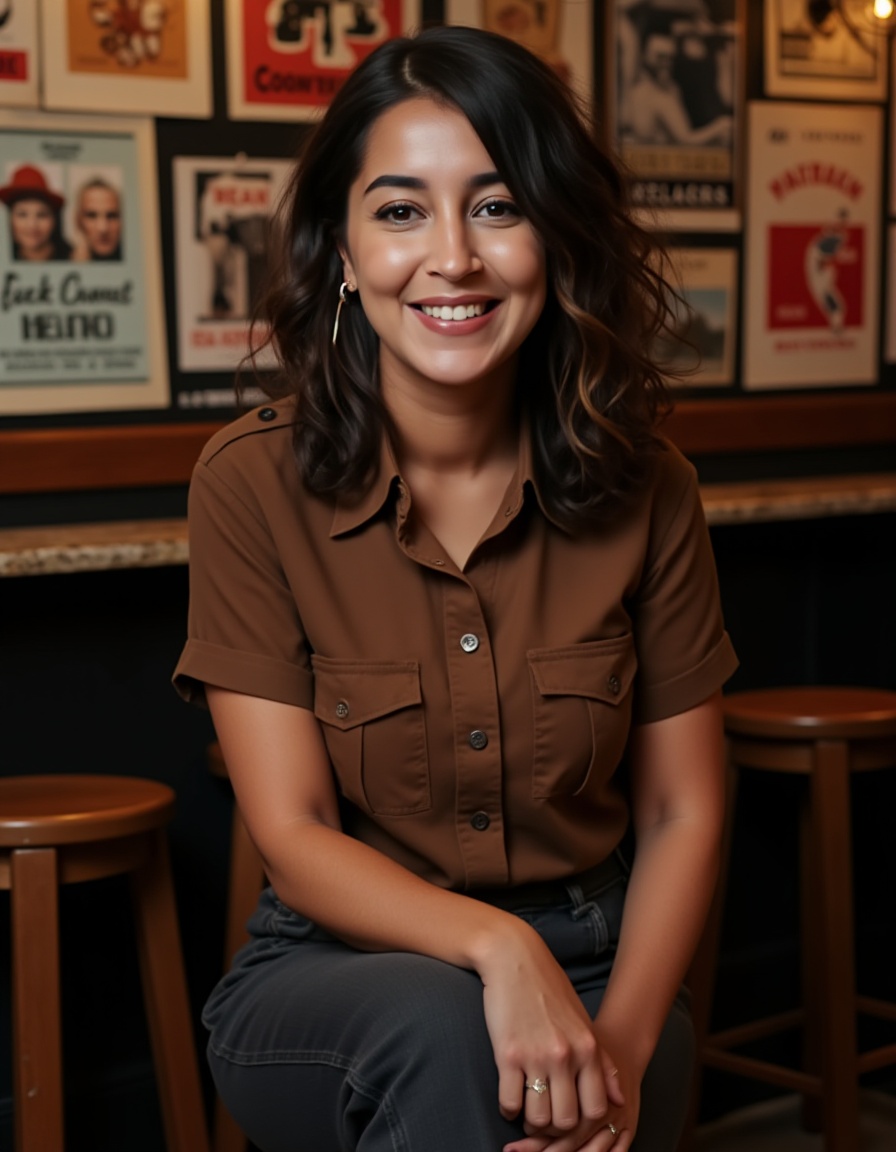 A woman with curly,  light brown hair is seated on a wooden bar stool. She is of medium complexion and appears to be in he...