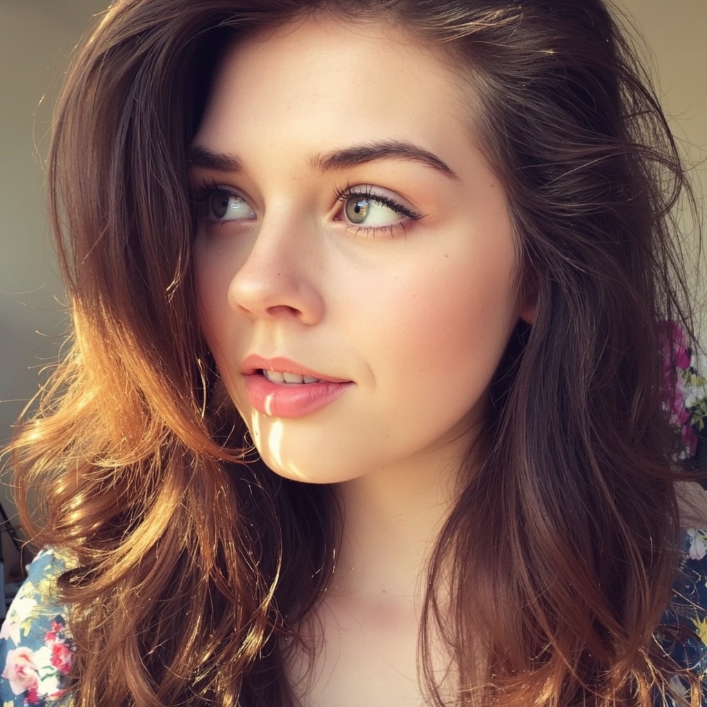A close-up portrait of elise_trouw with voluminous, curly brown hair. Her gaze is directed slightly to the side, and her lips are slightly parted, revealing a hint of pink lipstick. She wears a floral-patterned top. The blurred background emphasizes the subject. Soft lighting casts a warm glow on her face and hair, creating a serene and contemplative mood.
