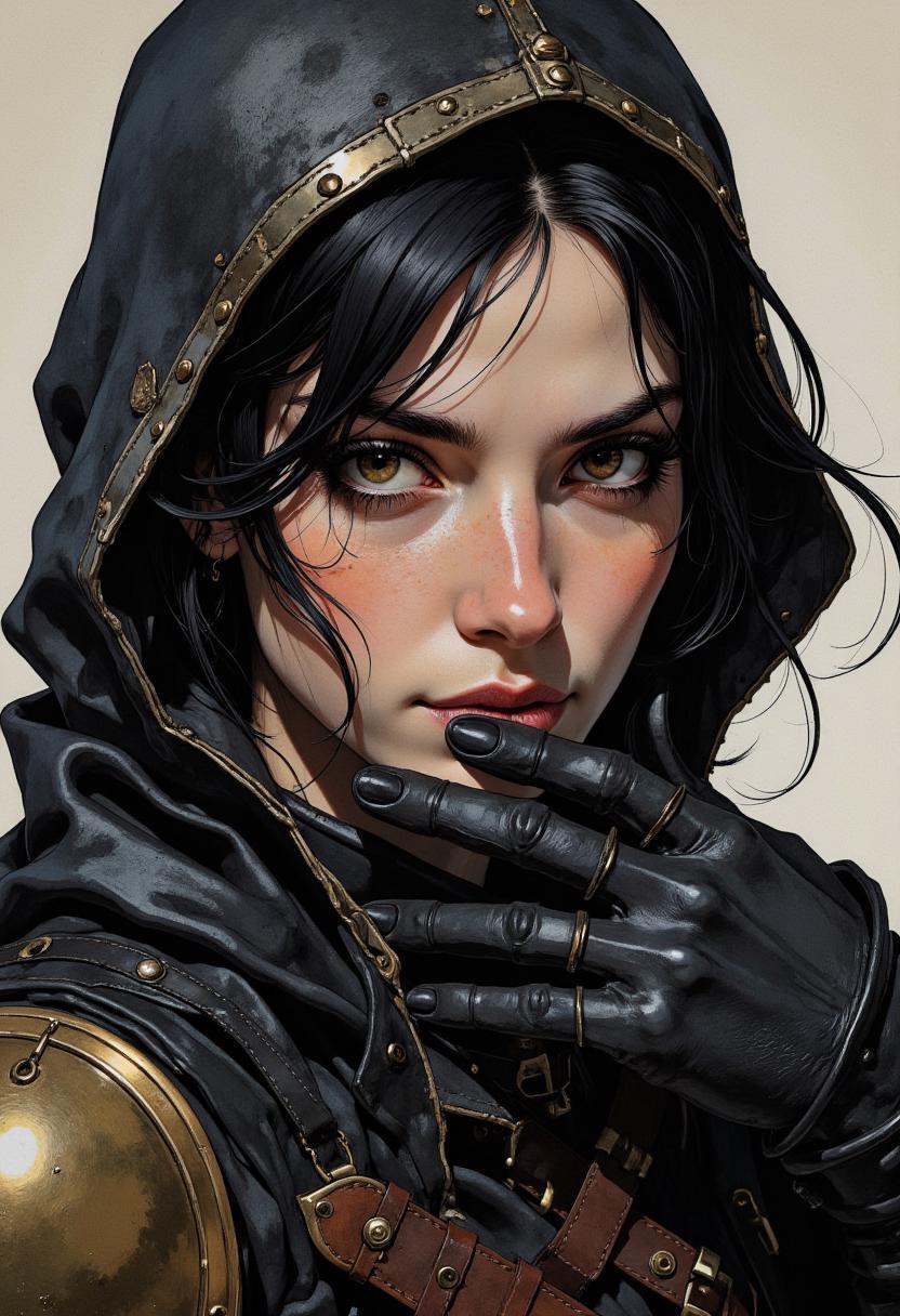 A digital illustration featuring a sks woman as thief in leather armor,  smirk,  beautiful detailed eyes on Tensor.Art