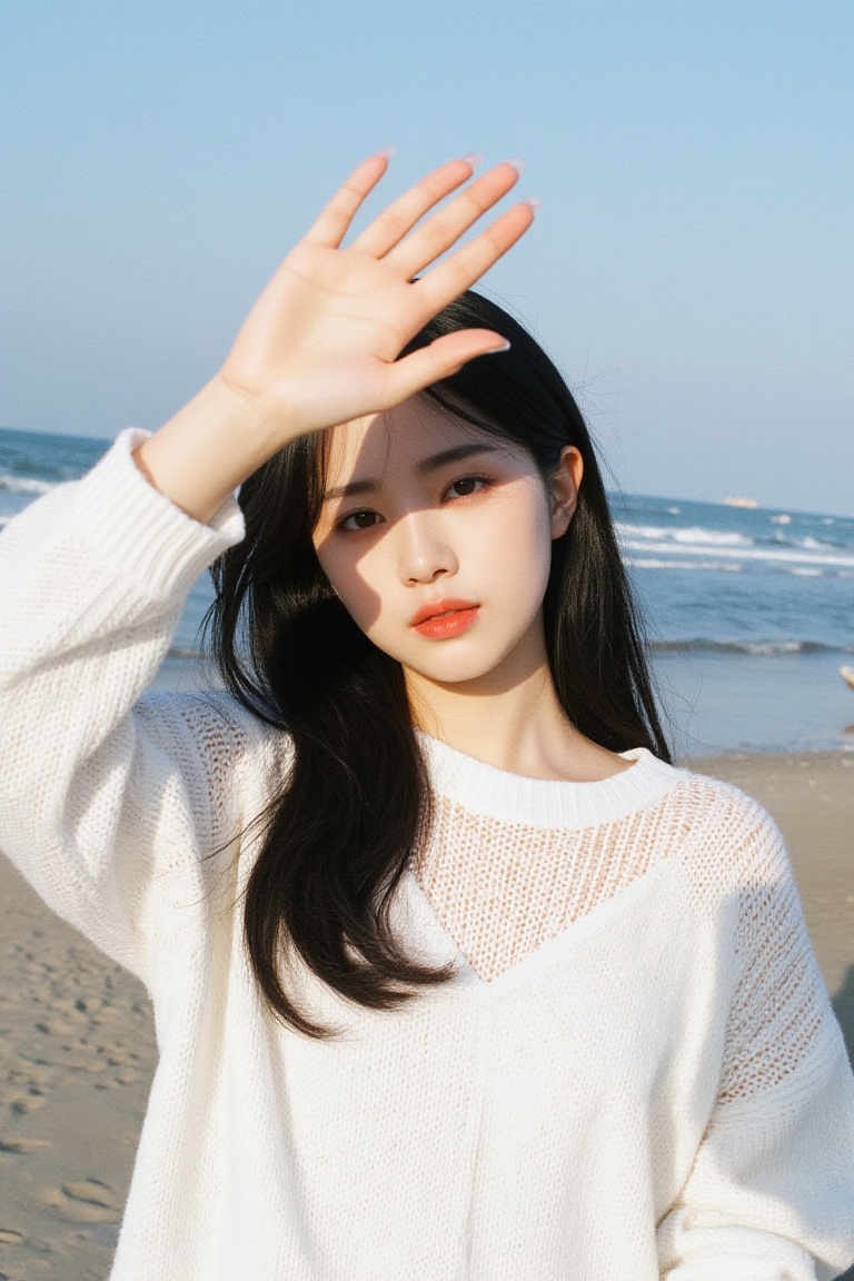 This is a high-resolution, casual half body portrait photo. The subject of the photo is a young woman wearing a white sweater. She has black hair hanging over her shoulders. She raised her right hand, blocking the sunlight as if enjoying the sea view. The background shows the beach and the ocean, with waves crashing against the coast and a small boat anchored on the beach.