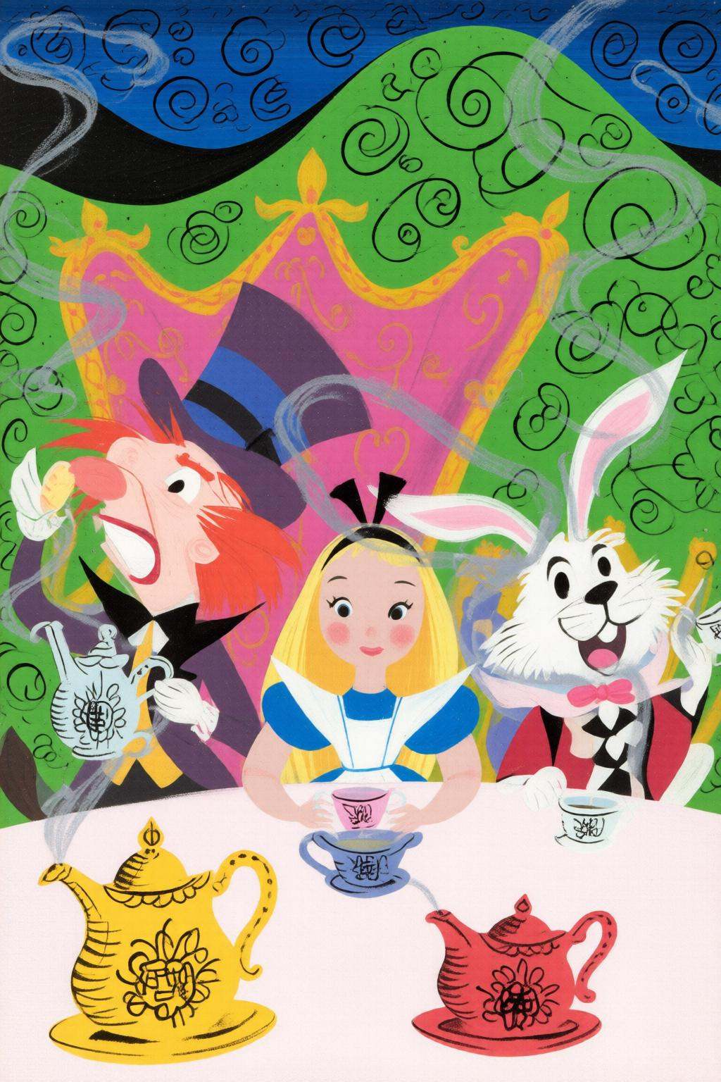 maryblair4q illustrationThree characters sit at a tea table. A girl with long blonde hair in a blue dress and white apron...