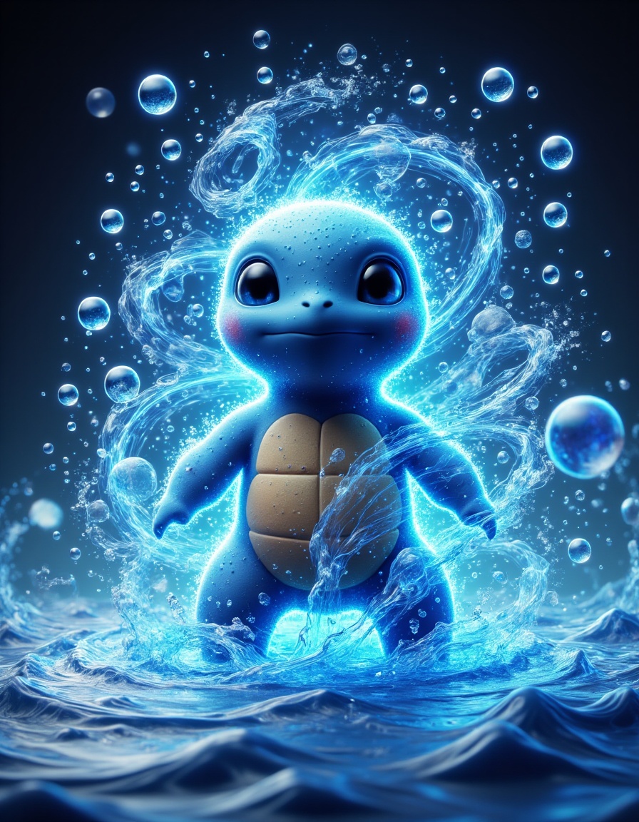 auralora,  the image features a squirtle. it is surrounded by an aura of water waves and bubbles with intricate,  blue glo...