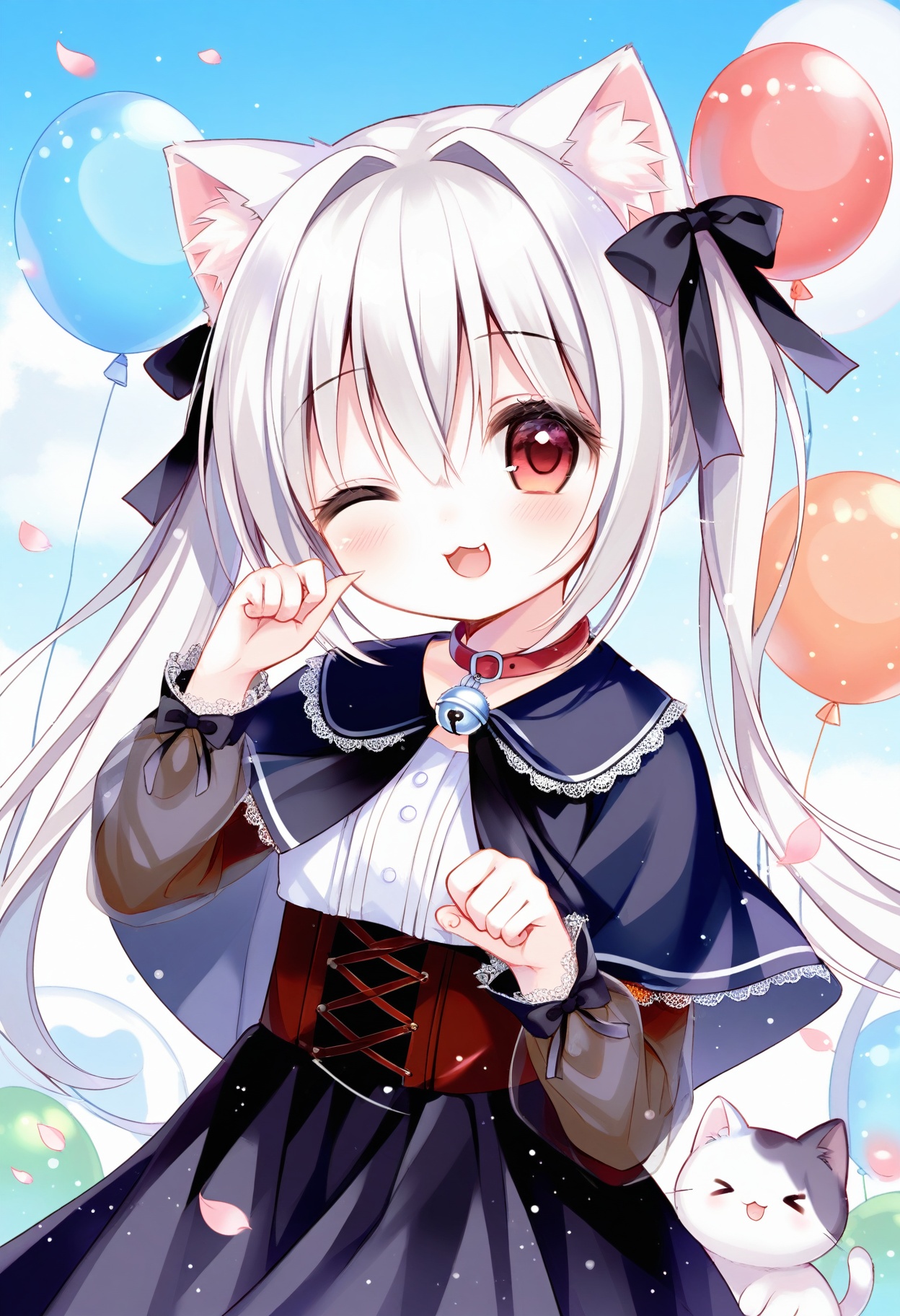 Elite,1girl,animal ears,one eye closed,red eyes,long hair,twintails,cat ears,ribbon,hair ribbon,bangs,solo,neck bell,smile,closed mouth,blush,bell,looking at viewer,day,sky,:3,black ribbon,animal ear fluff,capelet,blue sky,collar,paw pose,very long hair,white hair,cloud,hands up,cat girl,black cape,balloon,cape,upper body,dress,black dress,black capelet,;\),outdoors,see-through,;3,skirt,jingle bell,long sleeves,shirt,cat,black skirt,>_<,closed eyes,fang,hair intakes,hair between eyes,floating hair,finger to cheek,lace trim,open mouth,:d,see-through sleeves,blue cape,corset,virtual youtuber,petals,index finger raised,eyelashes,high-waist skirt,red collar,puffy sleeves,xd,grey hair,fingernails,<lora:A401.1 XL 1.0:0.6>,