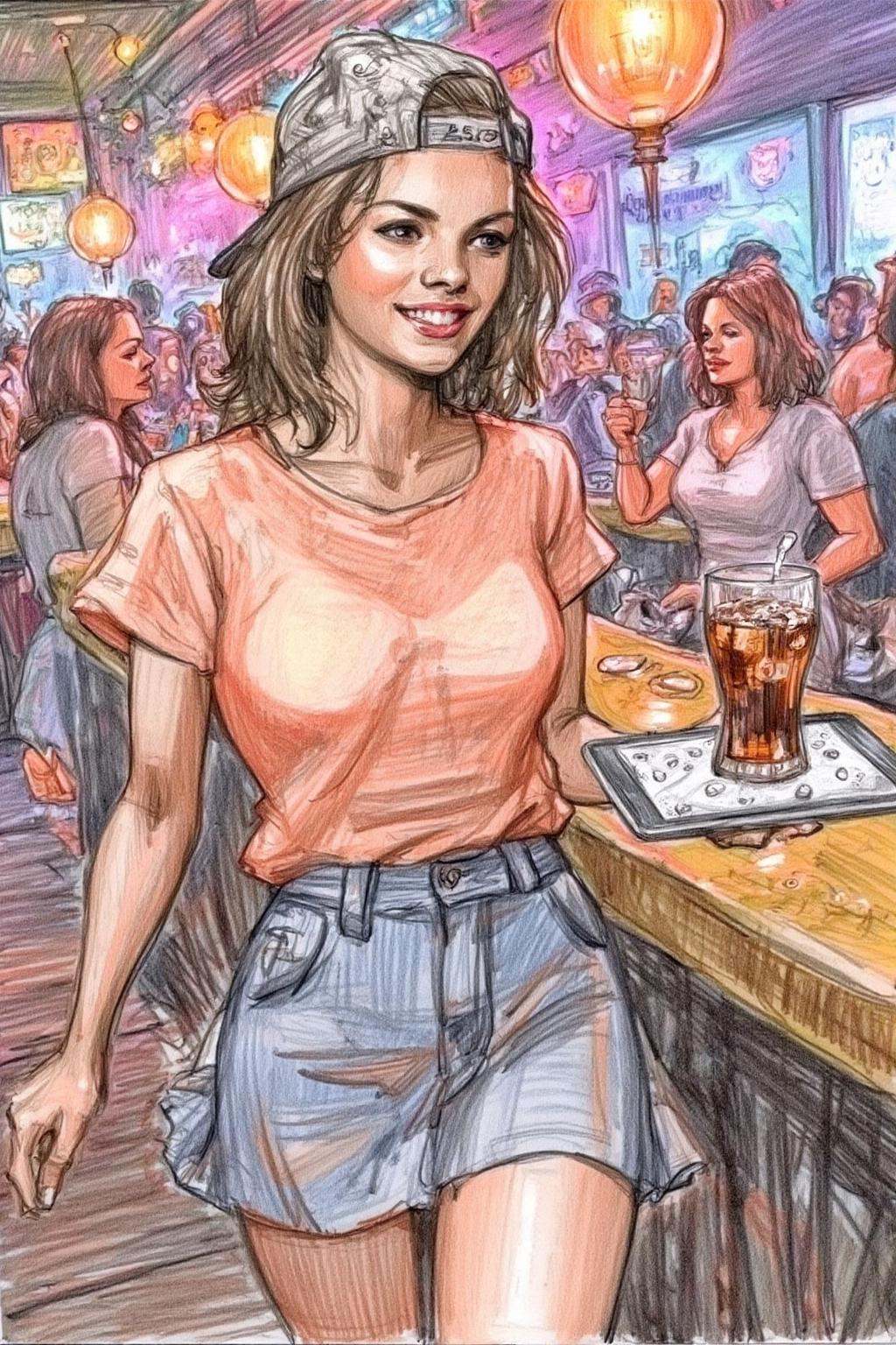 Pencil sketch.The air buzzes with the energy of a busy bar,  a mix of music,  conversation on Tensor.Art