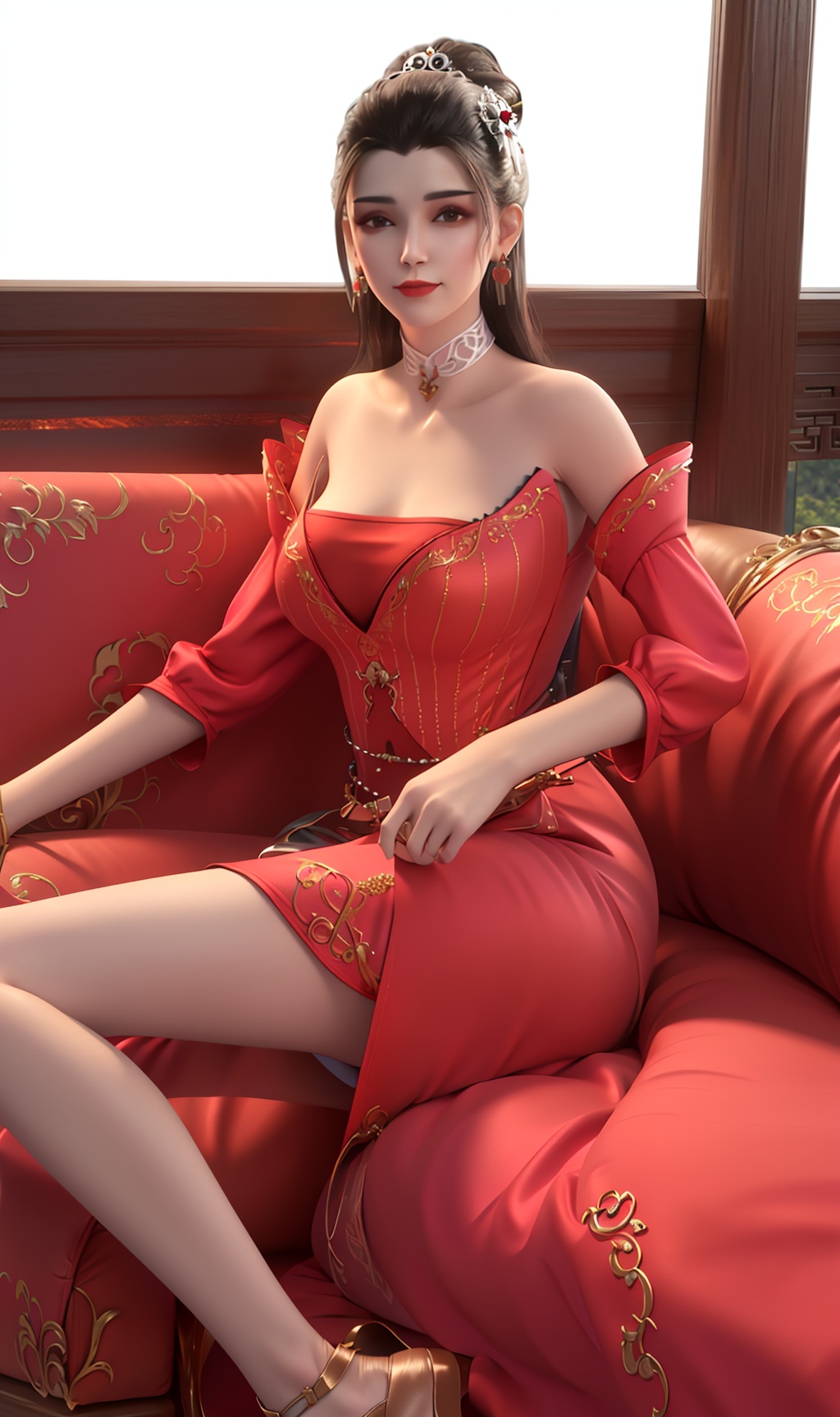 3D,masterpiece,(best quality),(makeup),official art, extremely detailed cg 8k wallpaper,((crystalstexture skin)), (extremely delicate and beautiful),(highly detailed),(1girl), (solo), (jewelry), (earrings),(long_hair),(hair),(hair_ornament),(handwear),(breasts),(sitting),,(full_body,whole_body),((dress)),(multicolored_clothes),(multicolored_dress),,(collar),((chinese_clothes)),(adapted_costume),((closed_mouth)),(sleeved),,(long_dress),(long_skirt),(bare_shoulder:1.000),(sunshine, outdoor,sofa),((looking_at_viewer)),((Facing the camera)),(high_heels),(long_legs),, <lora:hipoly3DModelLora_v10:0.3>