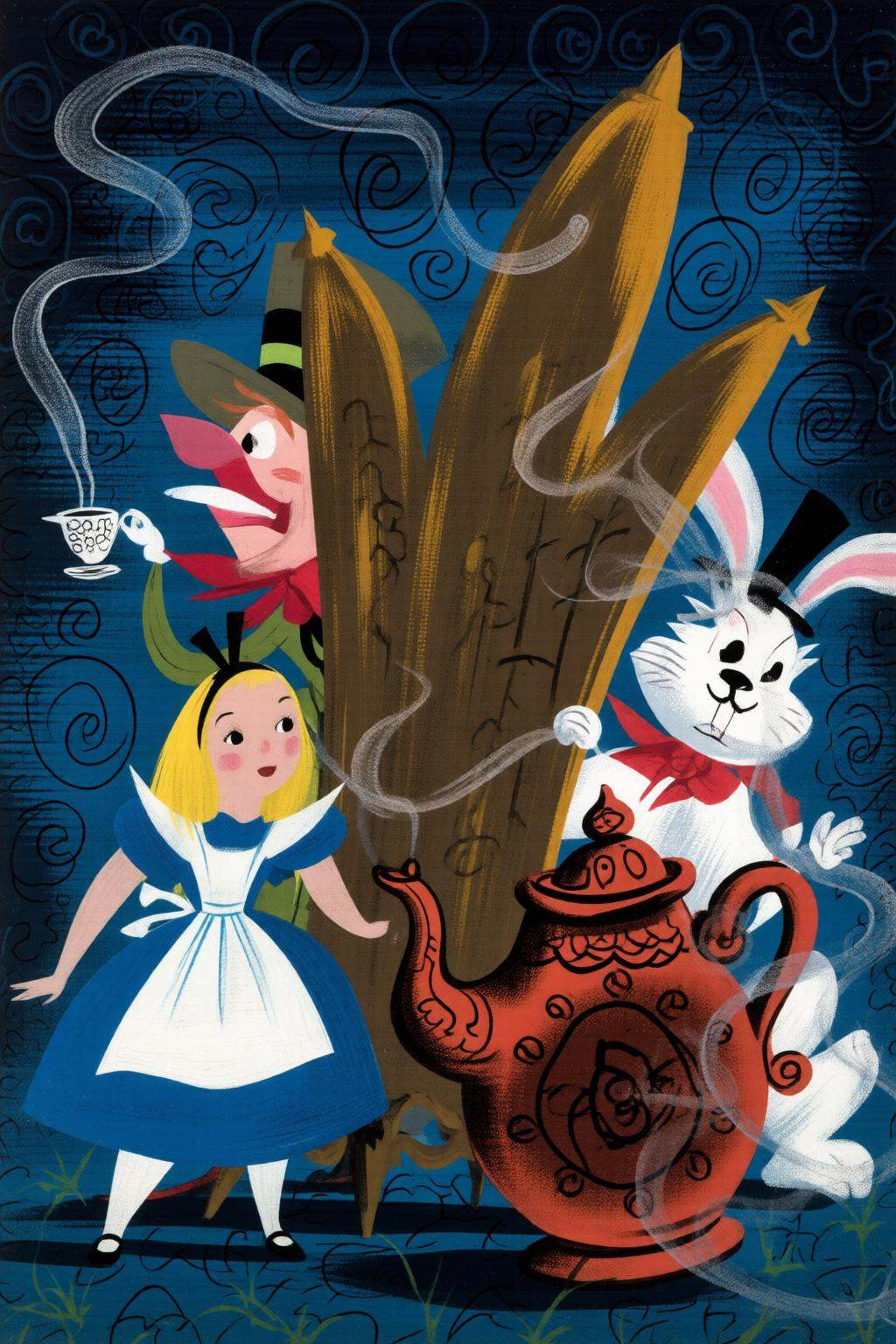 maryblair4q illustration.On the left stands a girl in a blue dress with a white apron and black bow. To her right,  a larg...