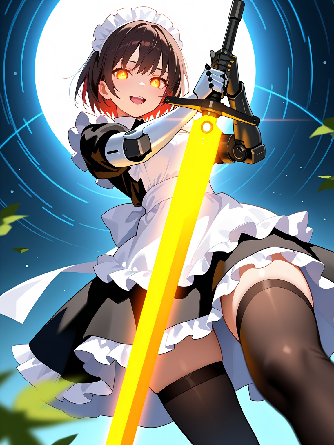 masterpiece, best quality, amazing quality, very aesthetic, absurdres,lens flare, light particles, cinematic, extremely exquisite female facial description, year 2023,blurry foreground, ray tracing, cinematic lighting, 1girl, solo, looking at viewer, smile, open mouth, short hair, brown hair, black hair, dress, thighhighs, holding, weapon, red hair, teeth, black thighhighs, sword, holding weapon, black dress, apron, orange eyes, maid, maid headdress, glowing, holding sword, from below, glowing eyes, maid apron, mechanical arms, cyborg, single mechanical arm, glowing weapon, glowing sword, blurry foreground, leaves,