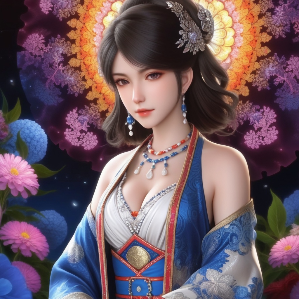 <lora:839-DA-XL-少年白马醉春风-温珞玉:0.6>, (,1girl, ,best quality, ),,,anime,(masterpiece, top quality, best quality, official art, beautiful and aesthetic:1.2), (1girl)	, , (cleavage),, extreme detailed,(fractal art:1.3),colorful, flowers ,highest detailed,()    (cleavage),,  (),