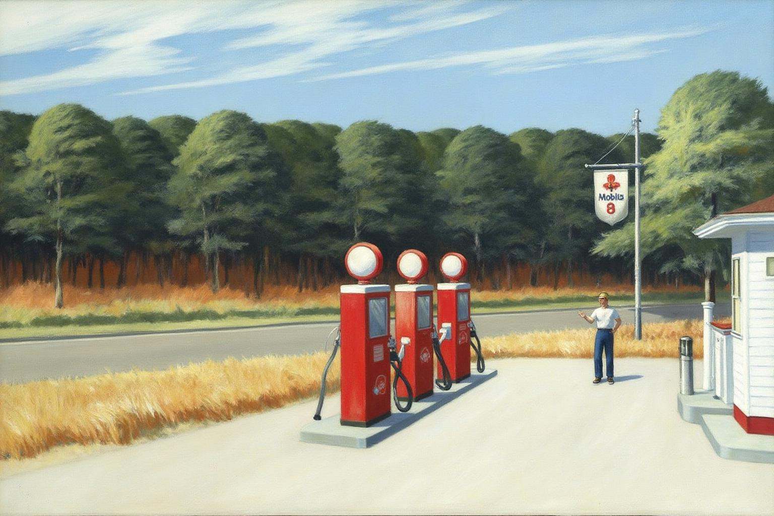 edwardhopper1 painting. A rural scene with a gas station in the foreground. Three red gas pumps with white tops are lined...