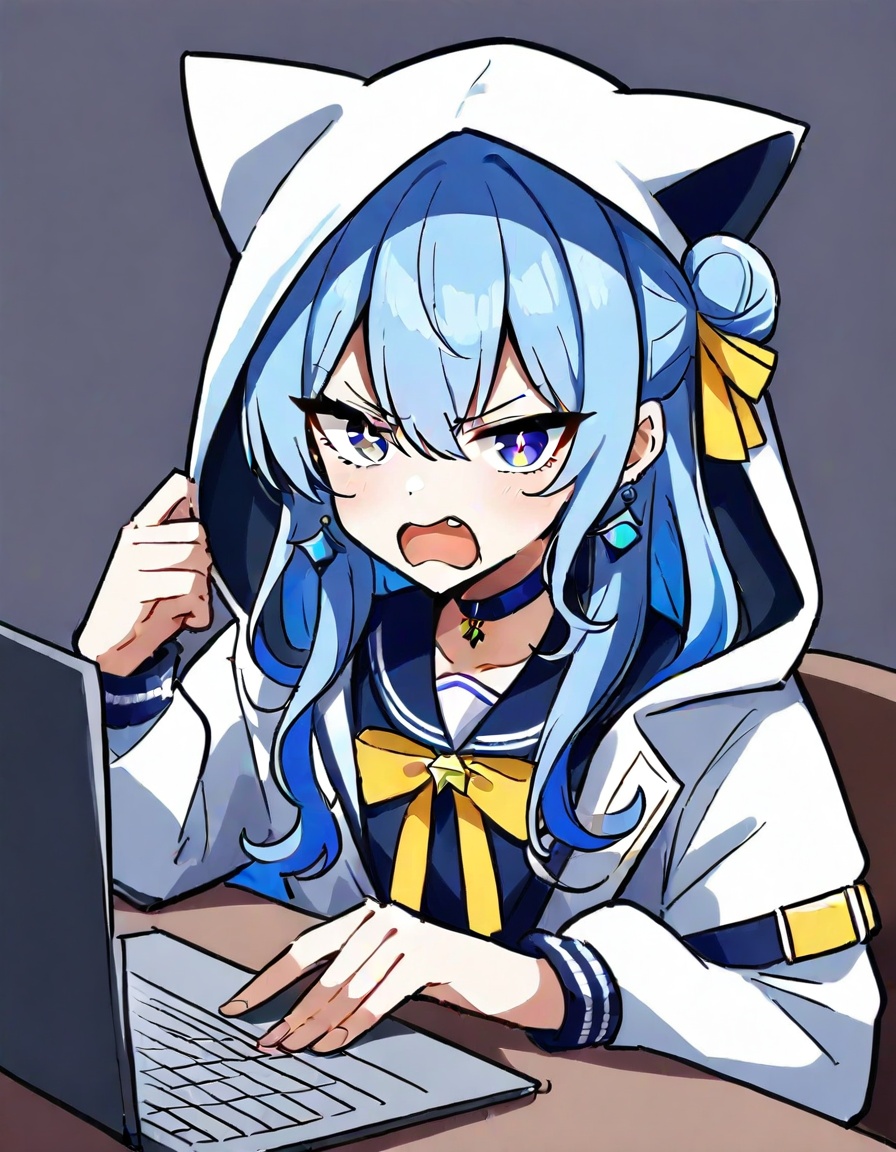 1girl, hoshimachi suisei \(school uniform\), hololive,zmgwshnmspfd, blue eyes, blue hair, symbol in eye, long hair, hair between eyes, bow, earrings, hair bun, ribbon, laptop, angry, hood up, single side bun, official alternate costume, hair ribbon, star \(symbol\), computer, star in eye, hooded jacket, solo, bow earrings, official alternate hairstyle, choker, blue choker, simple background, white background, looking at viewer, virtual youtuber, open mouth, yellow ribbon, jewelry, hood, upper body, jacket<lora:nsnsns:1>​​​