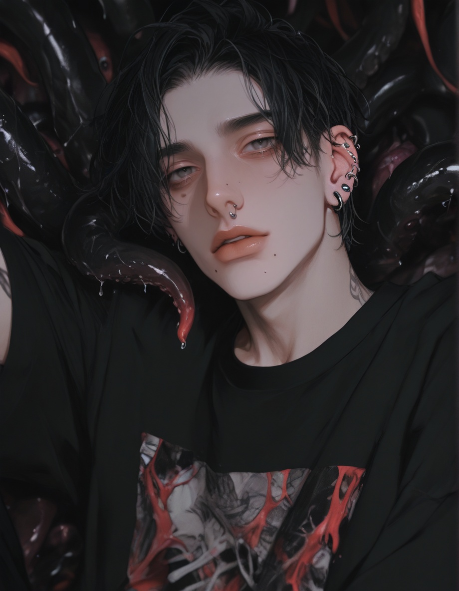 1boy,  black_hair,  ear_piercing on Tensor.Art
