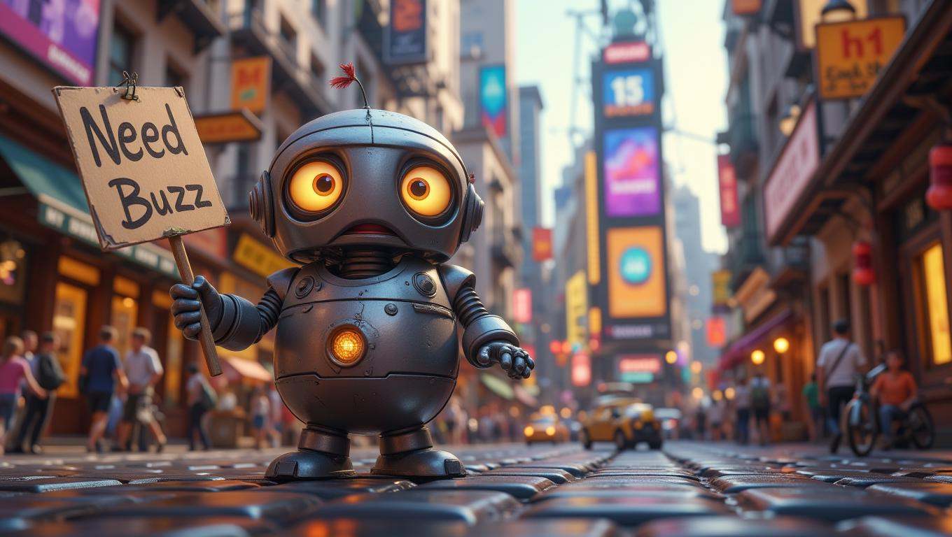 A small,  round robot with big,  expressive eyes is standing in the middle of a busy on Tensor.Art