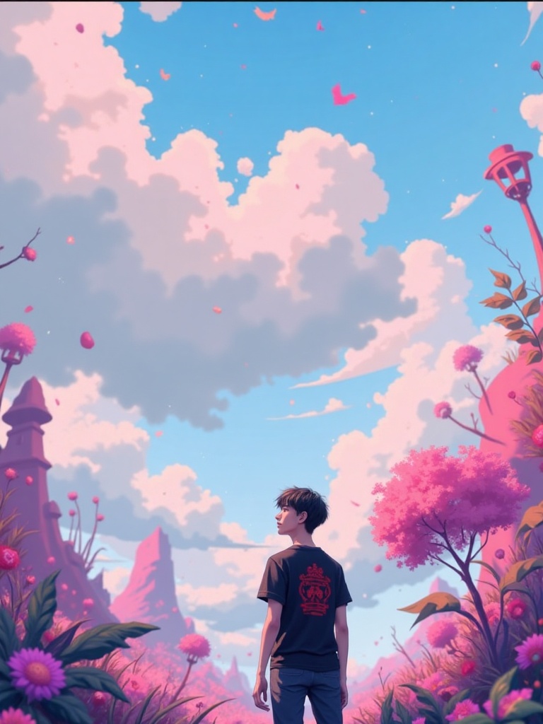 The image is a digital artwork featuring a stylized,  surreal scene. At the center,  a person is depicted standing in a su...