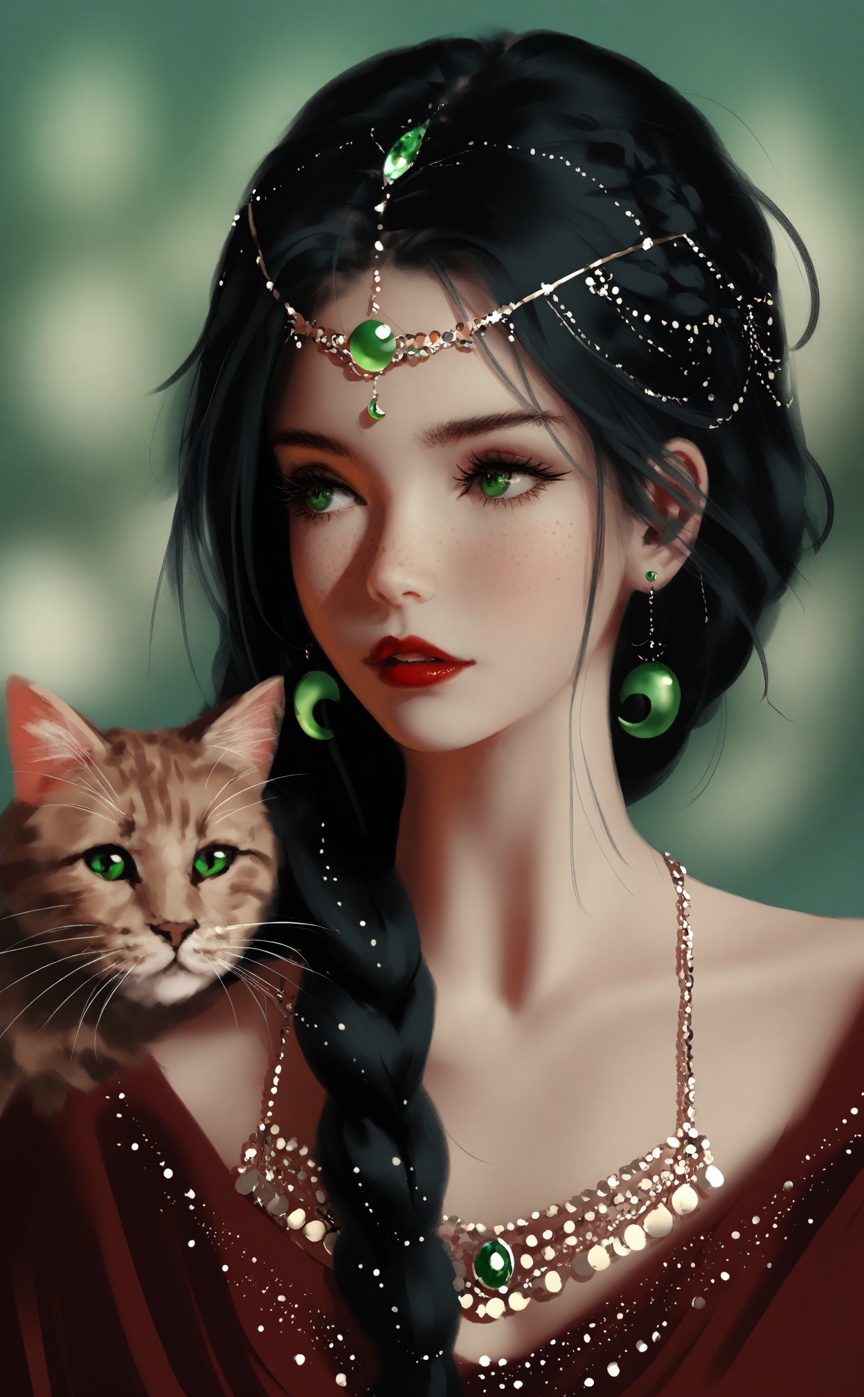 masterpiece,best quality,high quality,(colorful),artist wlop, 1girl, freckles, jewelry, green eyes, earrings, head chain, black hair, cat, red lips, braid, animal, long hair, parted lips, solo, green gemstone, portrait, gem, bare shoulders, circlet, lips, single braid, hair over shoulder, magatama earrings, blurry, looking to the side, eyelashes, crescent earrings, collarbone, diadem, blurry background
