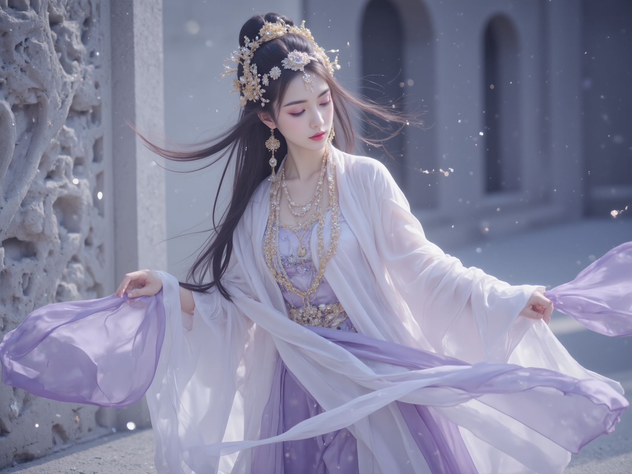 inspired by dunhuang art, ethereal woman in traditional chinese attire, tang dynasty, flowing white and lavender robes, intricate gold headdress, delicate jewelry, dunhuang, serene expression, graceful pose, soft natural light, intricate stone carvings in the background, soft and ethereal mood, full-body shot, slight tilt angle<lora:极品超模V8_2.0:0.8>