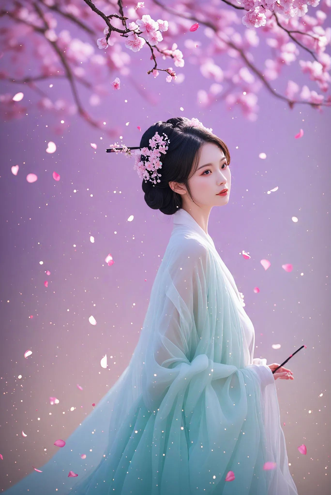 score_9,score_8_up,score_7_up,score_6_up,score_5_up,score_4_up,hanfu,wide sleeves,long sleeves,sleeves past fingers,see-through,hair stick,hair ornament,macro photo,translucent petals,Flowers glow,high quality,cover art,soft light,plum_blossom,delicate and charming,gradient,green_background,flowing light,extreme detailed,colorful particles,Flowing light,contour light,Hyperrealistic art,Bright and colorful,Glow particle,
