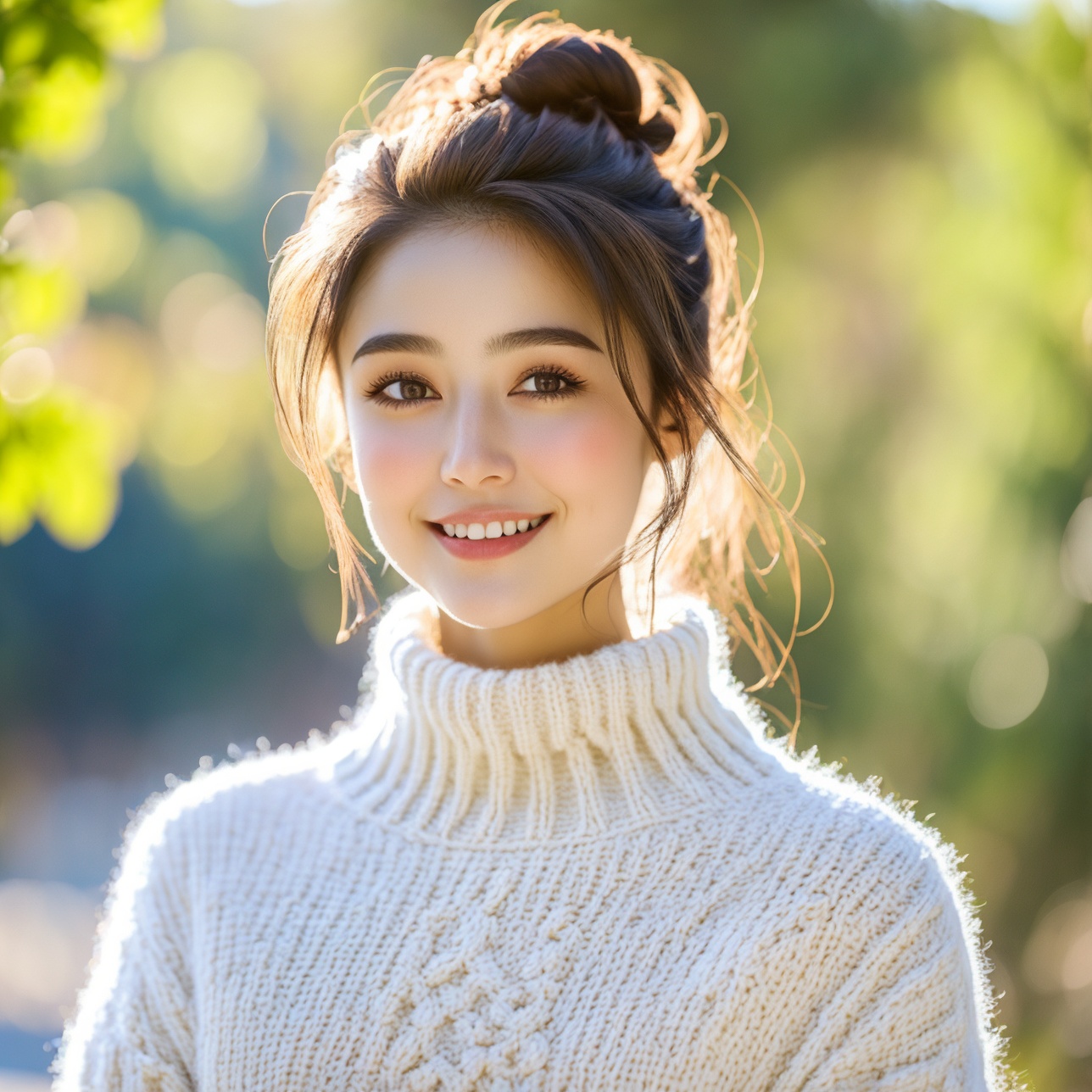 1girl, solo, smile, sweater, looking at viewer, realistic, blurry, upper body, white sweater, blurry background, turtleneck, hair bun, turtleneck sweater, brown eyes