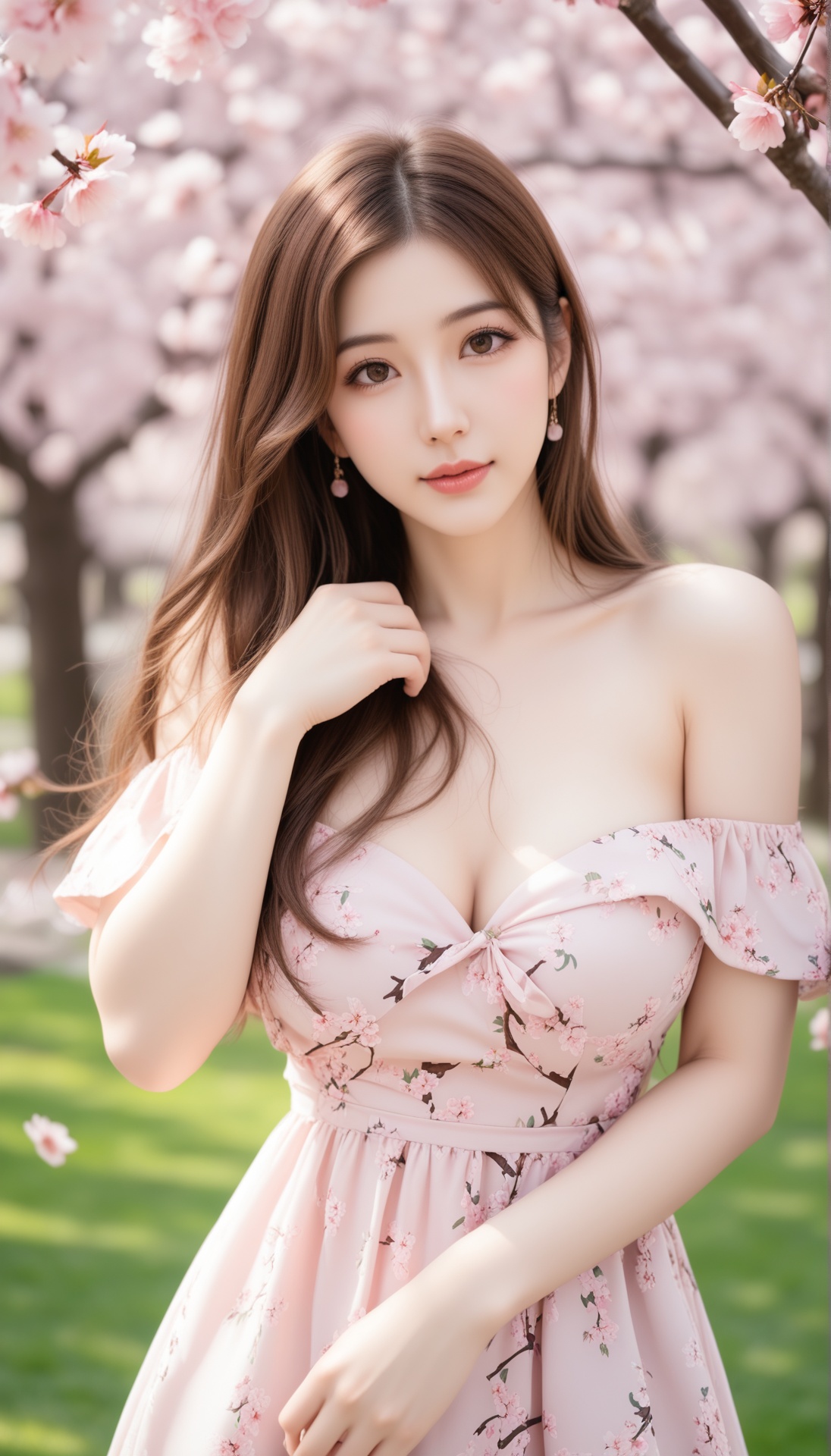 A young woman with long,  straight brown hair and fair skin stands in a park under blooming cherry blossom trees. She is w...