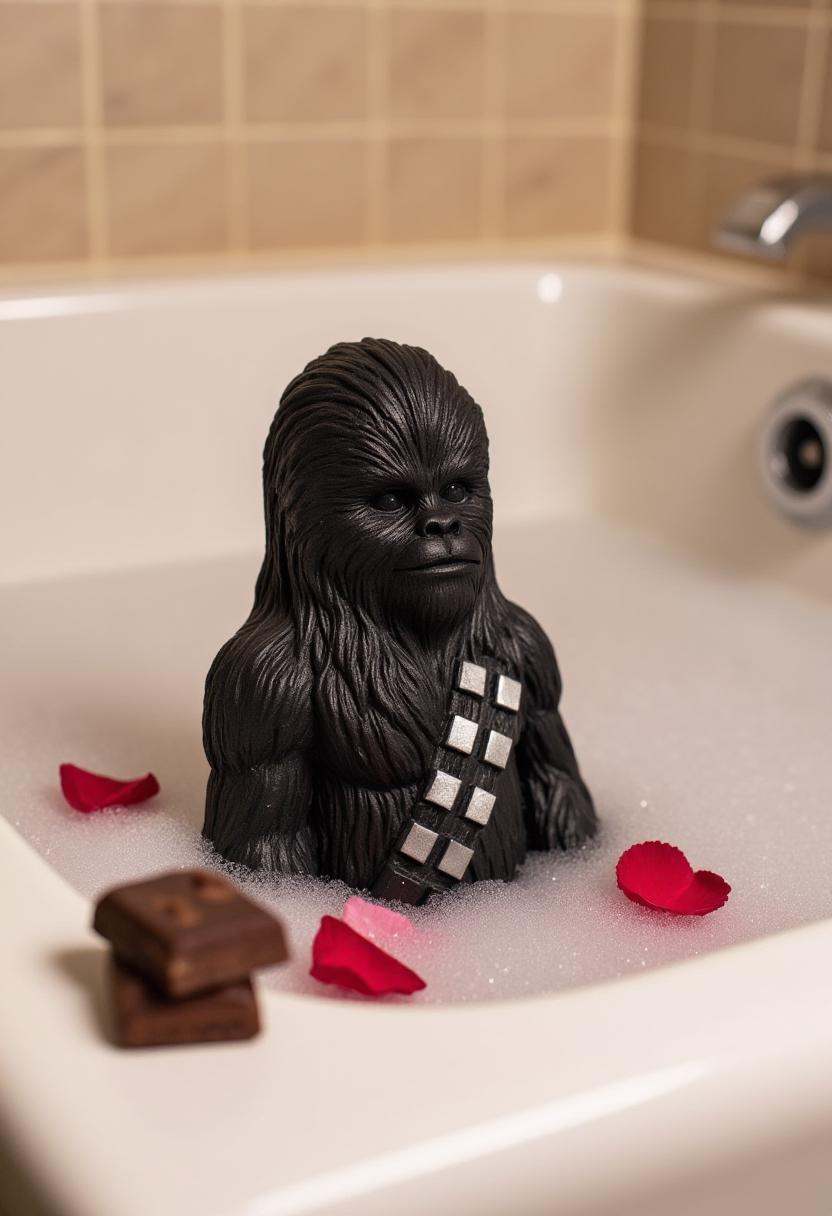 The image is a photograph of a coal statue of Chewbacca,  placed on the edge of a bathtub,  surrounded by rose petals and...