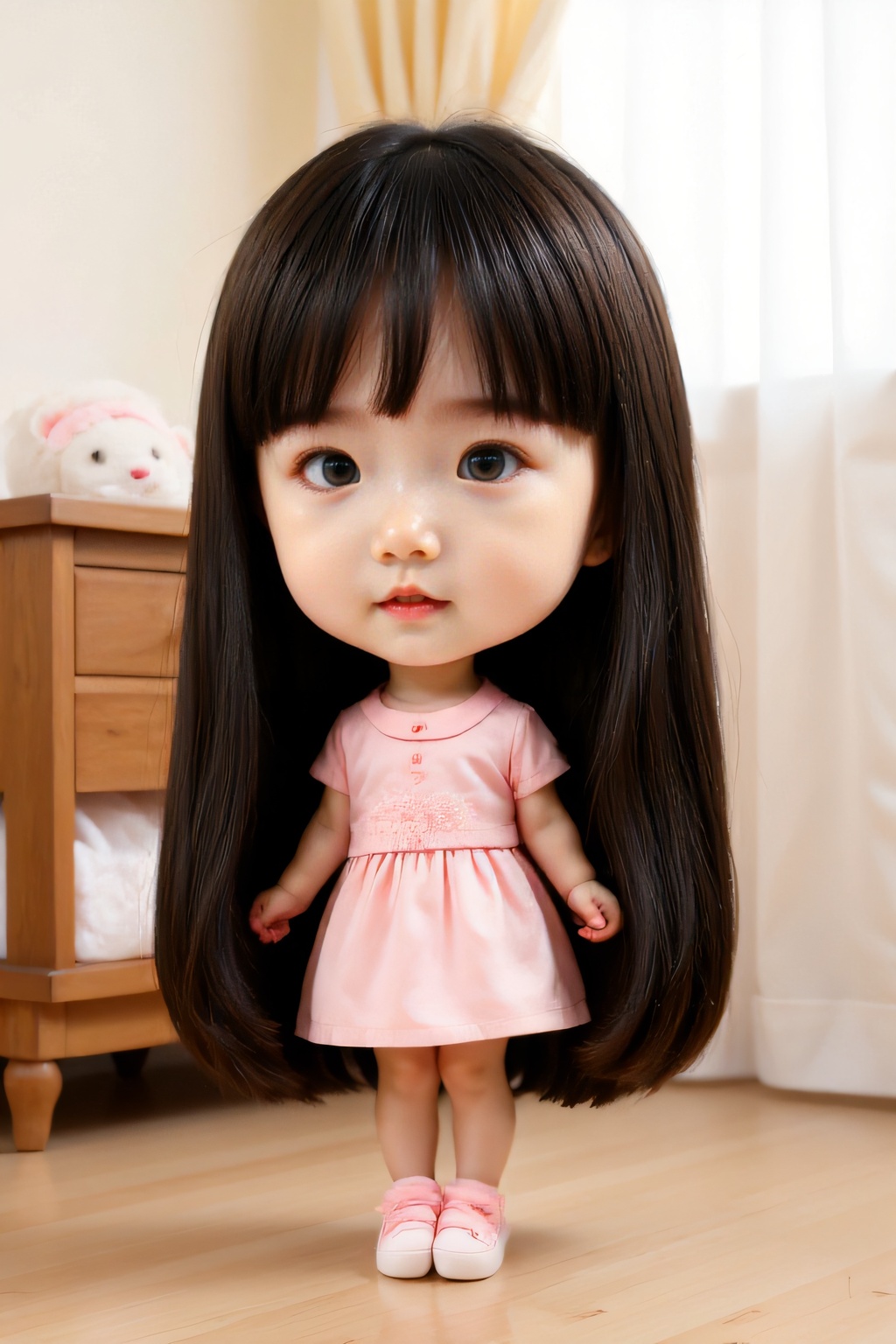 <lora:AgainF1ChibiLora:1>,girl,black long hair,chibi,dress,indoors,