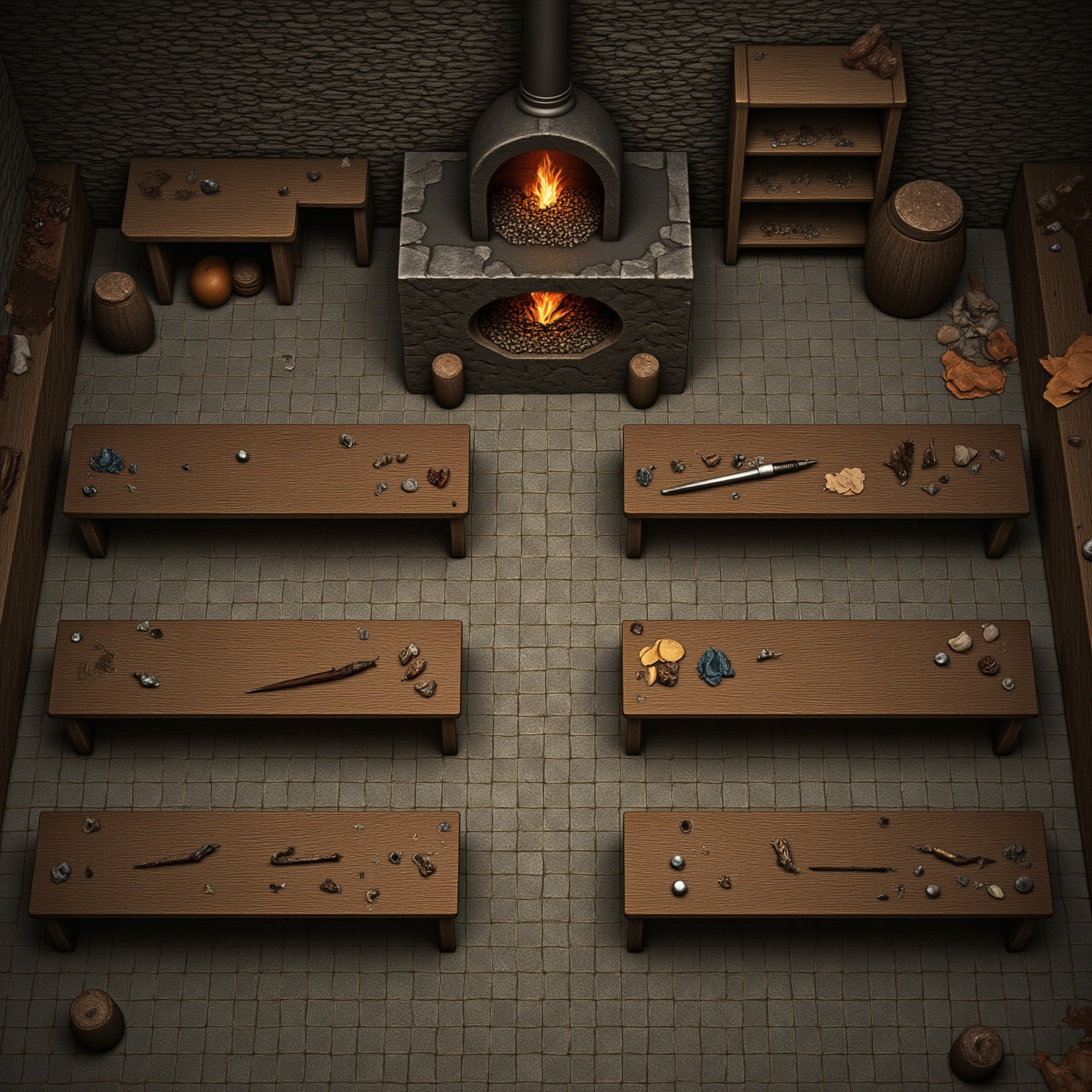 A medieval-style blacksmith’s interior: rough stone floor,  coal furnace glowing orange,  wooden workbenches covered in to...