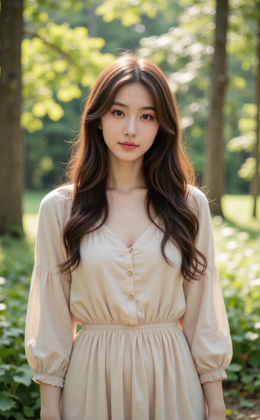 A young woman with long,  wavy brown hair and fair skin stands in a sunlit forest,  wearing a light beige on Tensor.Art