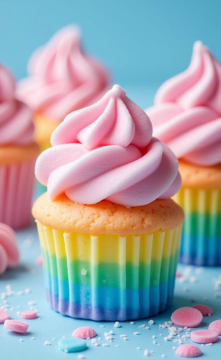 miluo_tgsj, Photograph of pastel-colored, rainbow-swirled cupcakes with fluffy, pink whipped cream tops on a blue, sprinkled surface; one cupcake in sharp focus, others blurred..<lora:miluo丨糖果世界-flux-1.3:1>