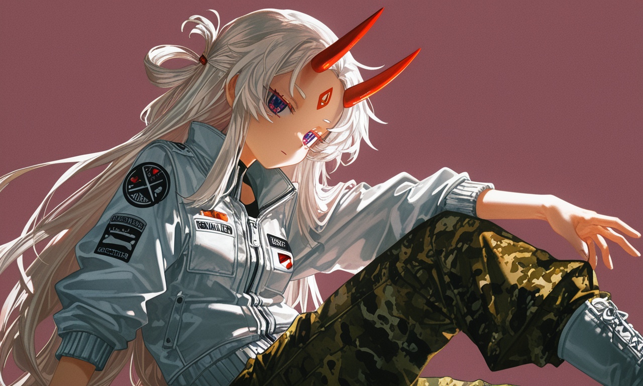 masterpiece, best quality, good quality, waterkuma, [quasarcake], rebecca \(keinelove\),(flat 2d vector style), (minimalist material icon), 1girl, oni horns, white jacket, white pilot jacket, baggy pants, camouflage pants, long_hair, golden hair, white hair, forehead, parted bangs, (hair_rings), long_sleeves, detached sleeves, looking_at_viewer, violet eyes, simple_background, solo, arm_support, white_background, Ay-O, a character portrait, rayonism, (no lineart:1.1), maroon background, knee up, boot, sidelighting, hand_on_own_knee