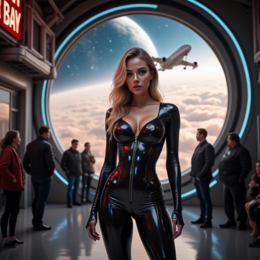 futuristic-looking airplane or drone is flying in the sky above her,  and well-defined hips and thighs. Her eyes are a str...