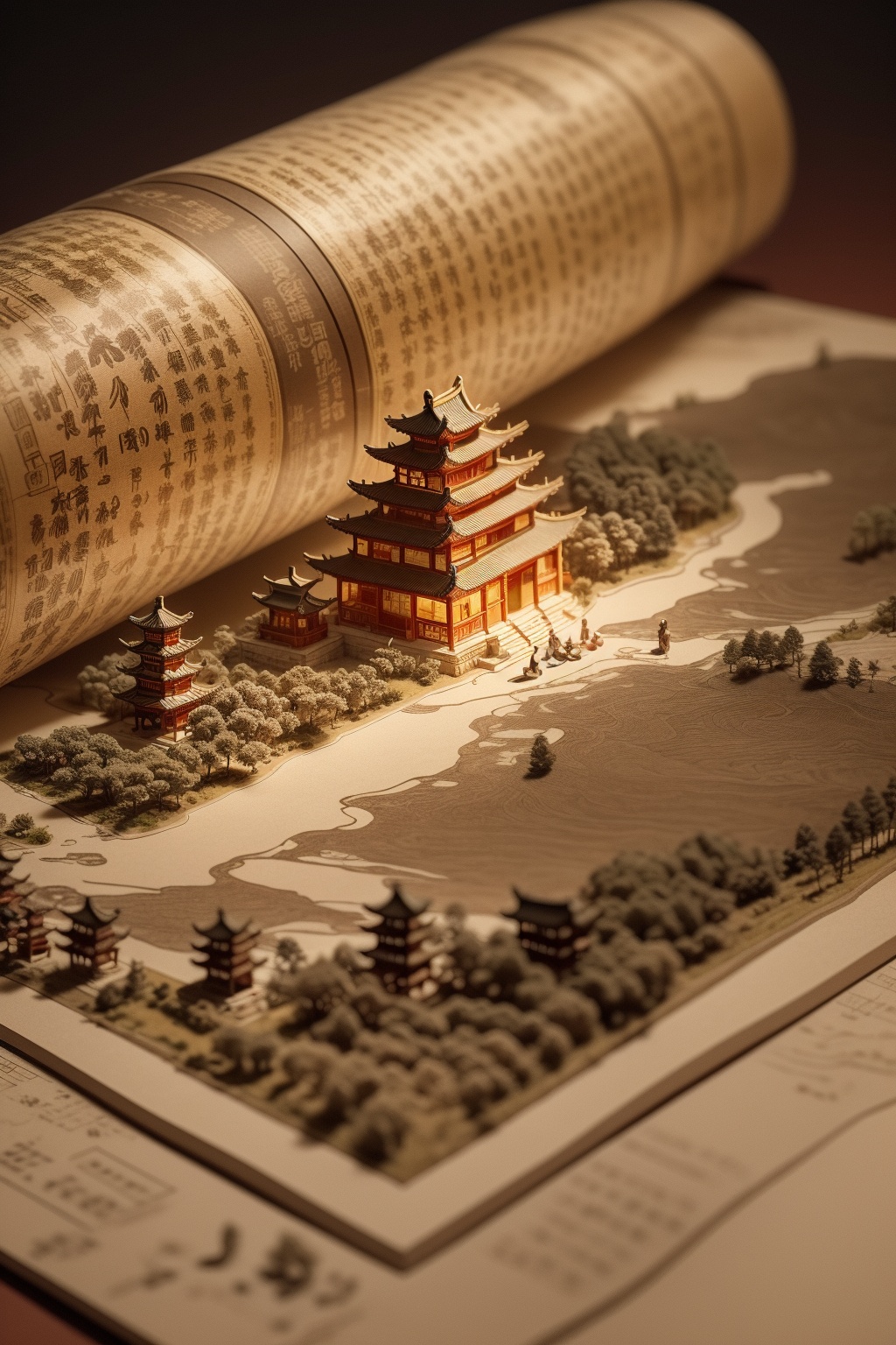 Scroll open,three-dimensional classical Chinese town architecture,yellow lighting,origami,three-dimensional relief style,realistic details,engraving,HD 8k,