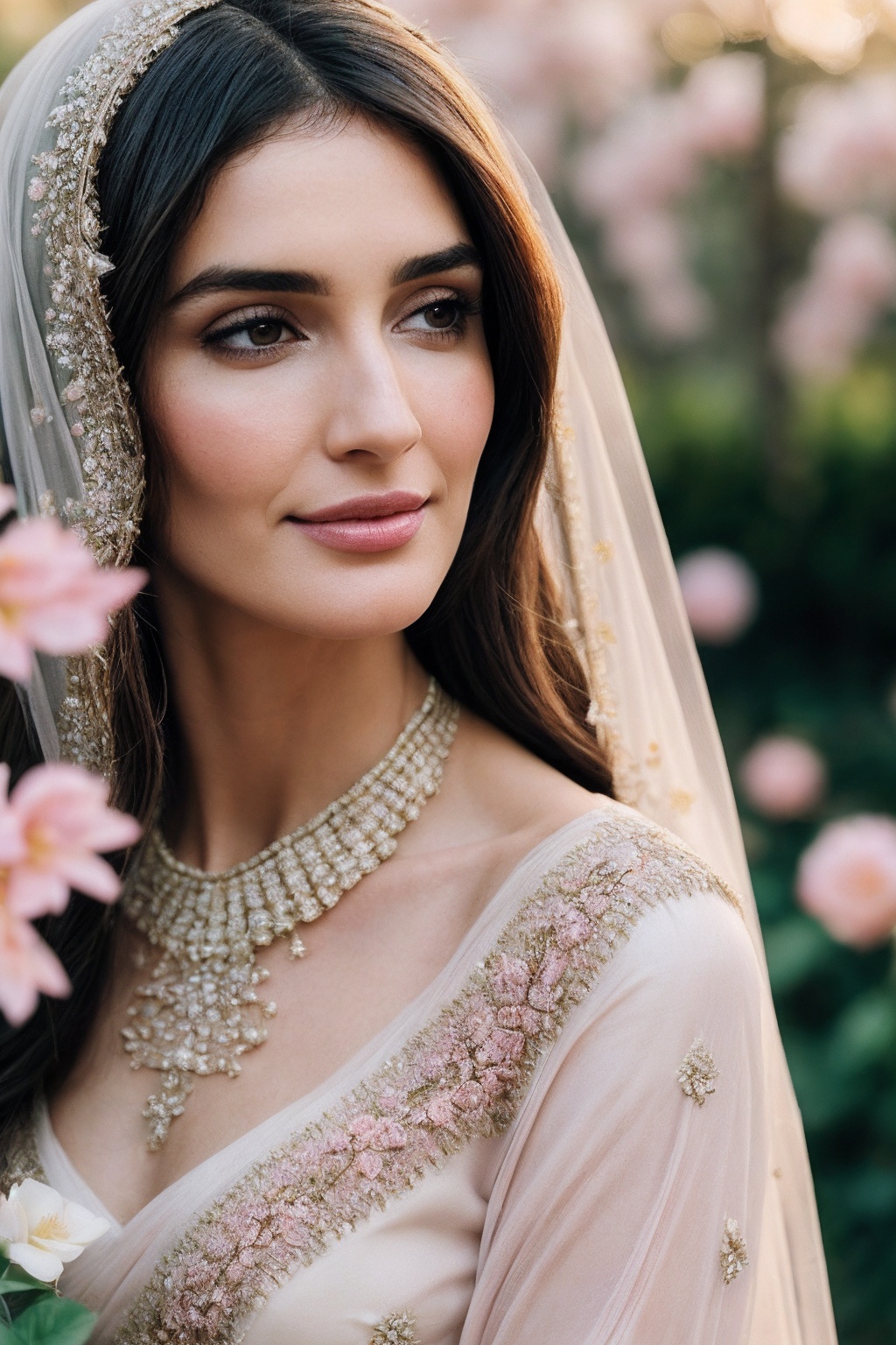 PazV_SoloTI_v1,  (In a delicate sari of pastel pink and white,  adorned with floral motifs and intricate lacework on Tenso...