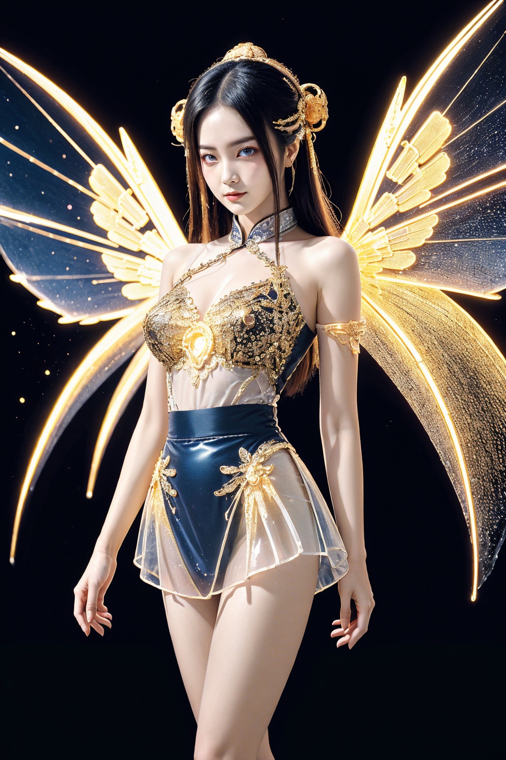 1girl, smirk, solo, multicolored crystal and gem, (chinese clothes:1.5), long hair, (short skirt:1.5), glowing, large breasts, wings, (glowing see-through leotard:1.4), bare shoulders, (glowing light particles background:1.3),