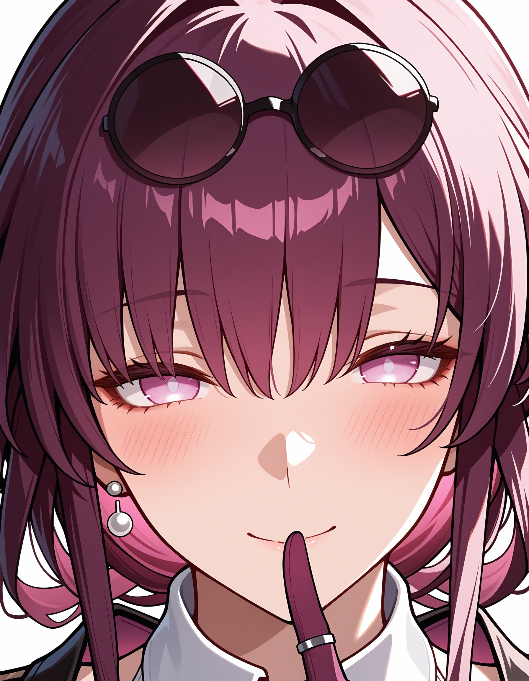 1girl,solo,kafka \(honkai: star rail\),looking at viewer,white background,finger to mouth,sunglasses,smile,simple background,portrait,pince-nez,blush,closed mouth,