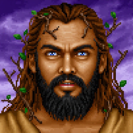 HoMM2 expansion style portrait of a male barbarian uncle with long,  flowing hair intertwined with branches and green leav...