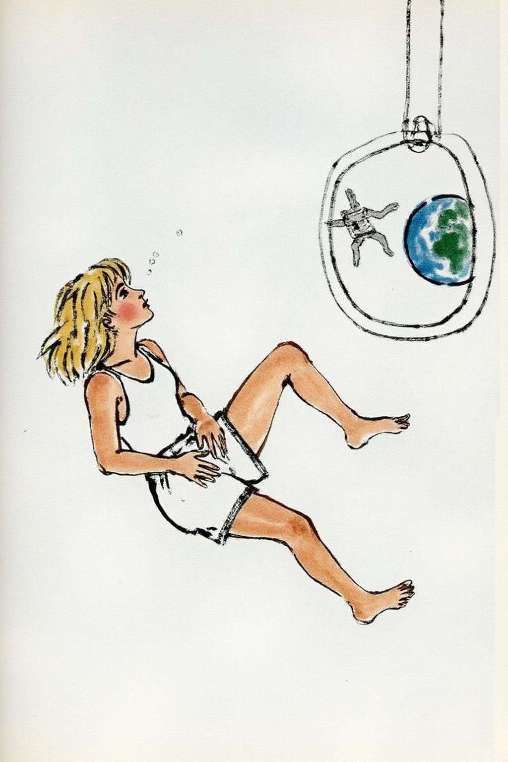 qbs1 ink wash minimalist painting.Profile view of a blonde,  floating weightless,  space station. She is wearing **** top...