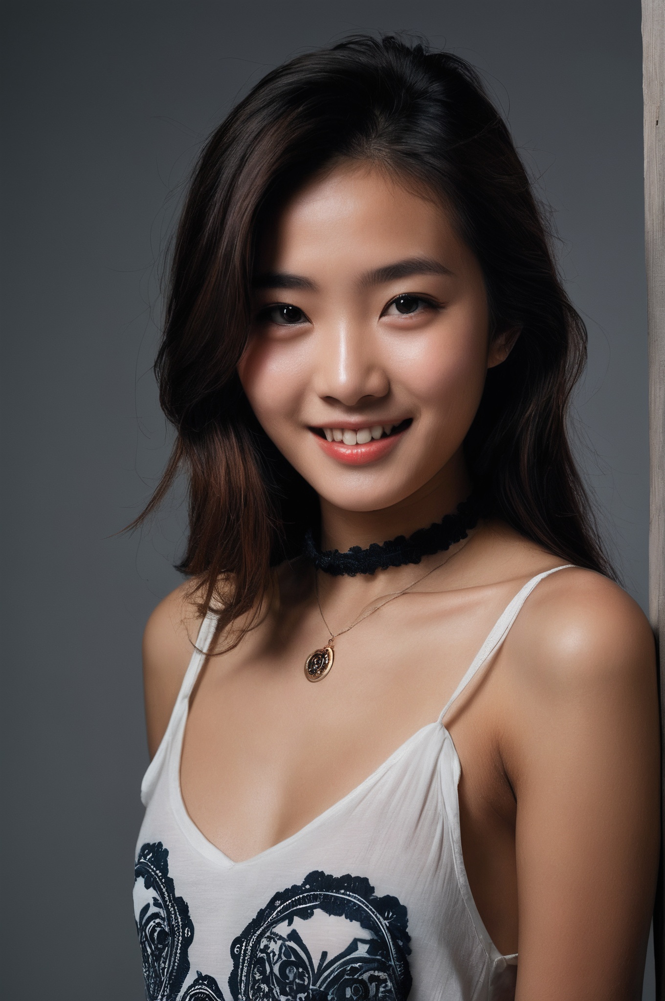 photographic of a cute Chinese girl for cgart mayfly\(model\) test. she is about 20 years old, up body, messy long brown hair, lip biting, seductive leaning forward, detailed skin, detailed face, evil smile, choker. BREAK, studio light, 35mm photograph, professional, shot with Leica M50 f/1.9