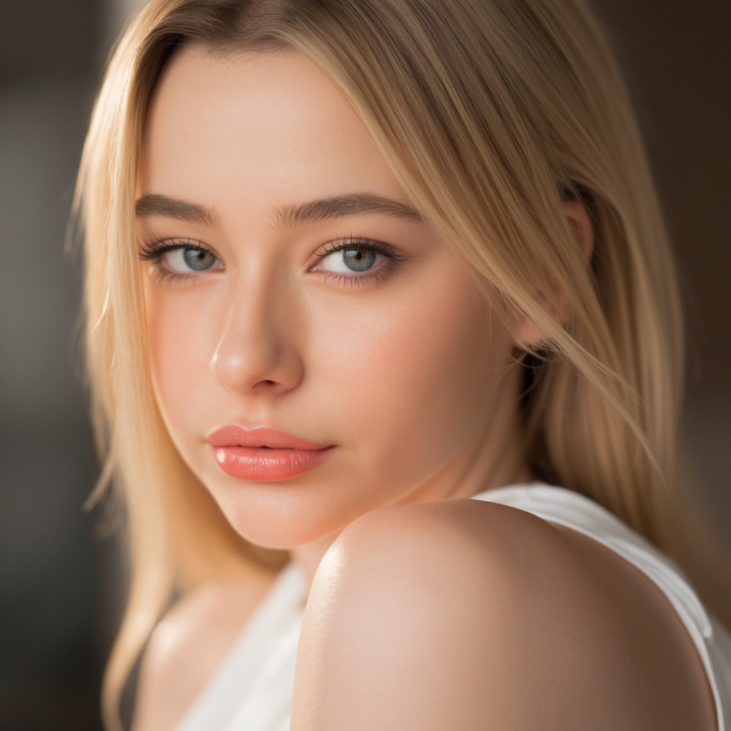 A close-up portrait of dasha_taran with blonde hair and striking blue eyes. She has a confident and poised expression,  he...