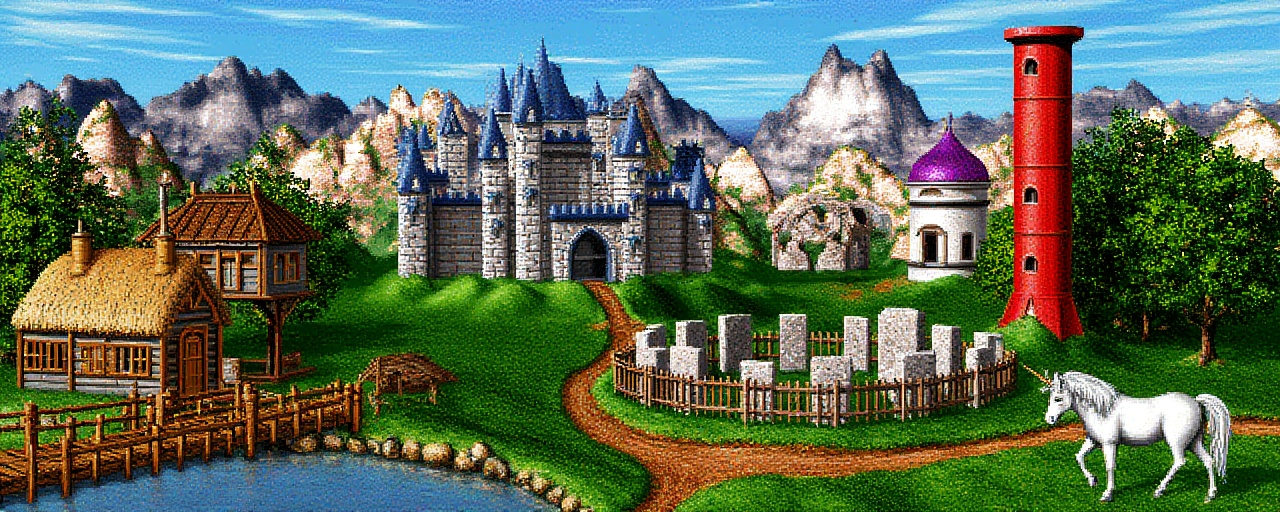 Original HoMM2 style town screen of a fantasy style,  depicting a vibrant medieval village scene. The layout features a va...