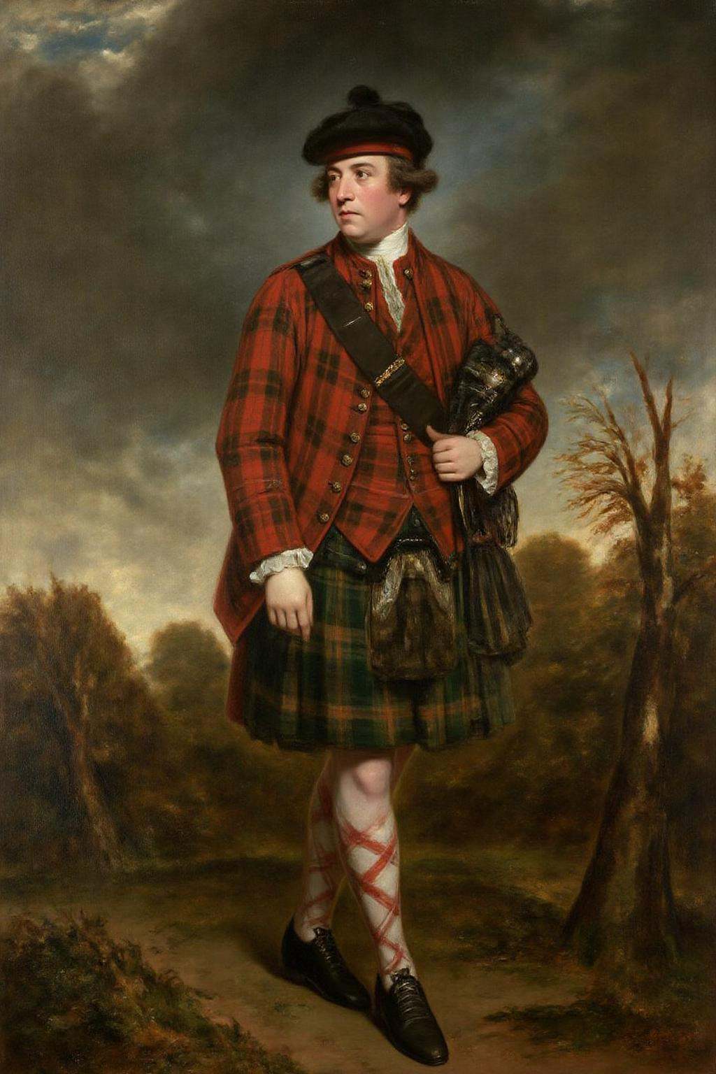 jore1 painting. A man in traditional Scottish attire from the 18th century. The subject is standing outdoors in a rural la...