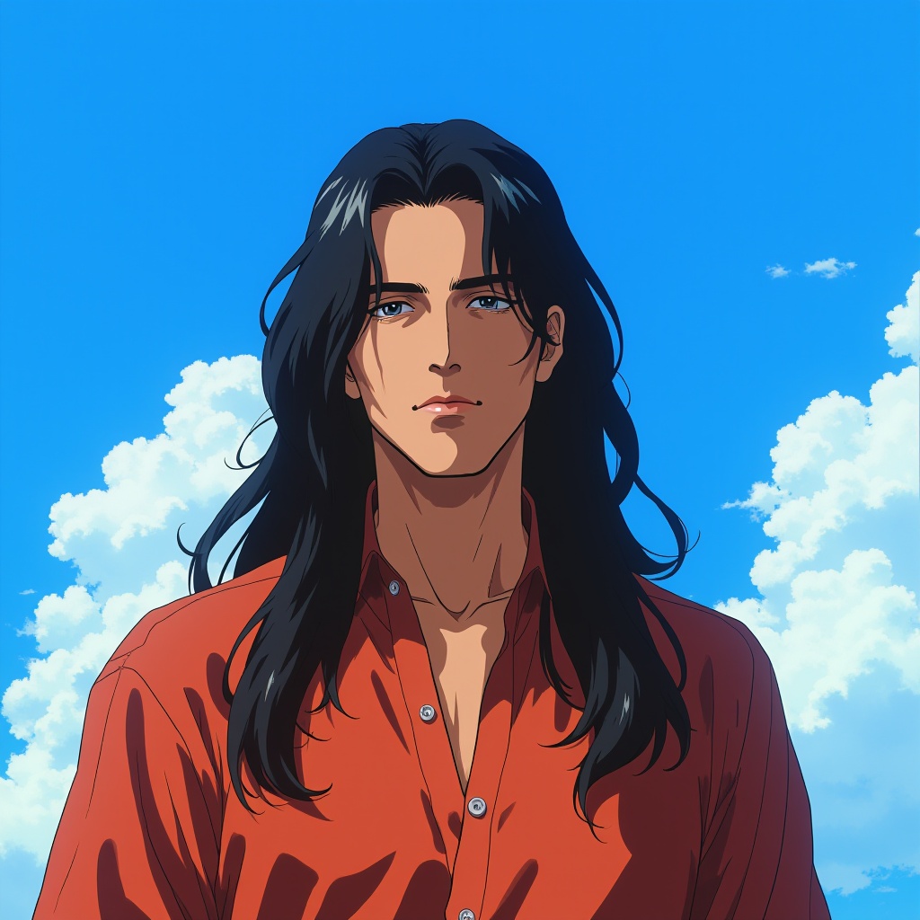 archi_retro,  a man with long black hair standing in front of a blue sky with white clouds in the background on Tensor.Art