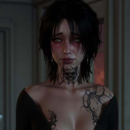 sad EvelynBG3,  tattoo,  black hair on Tensor.Art