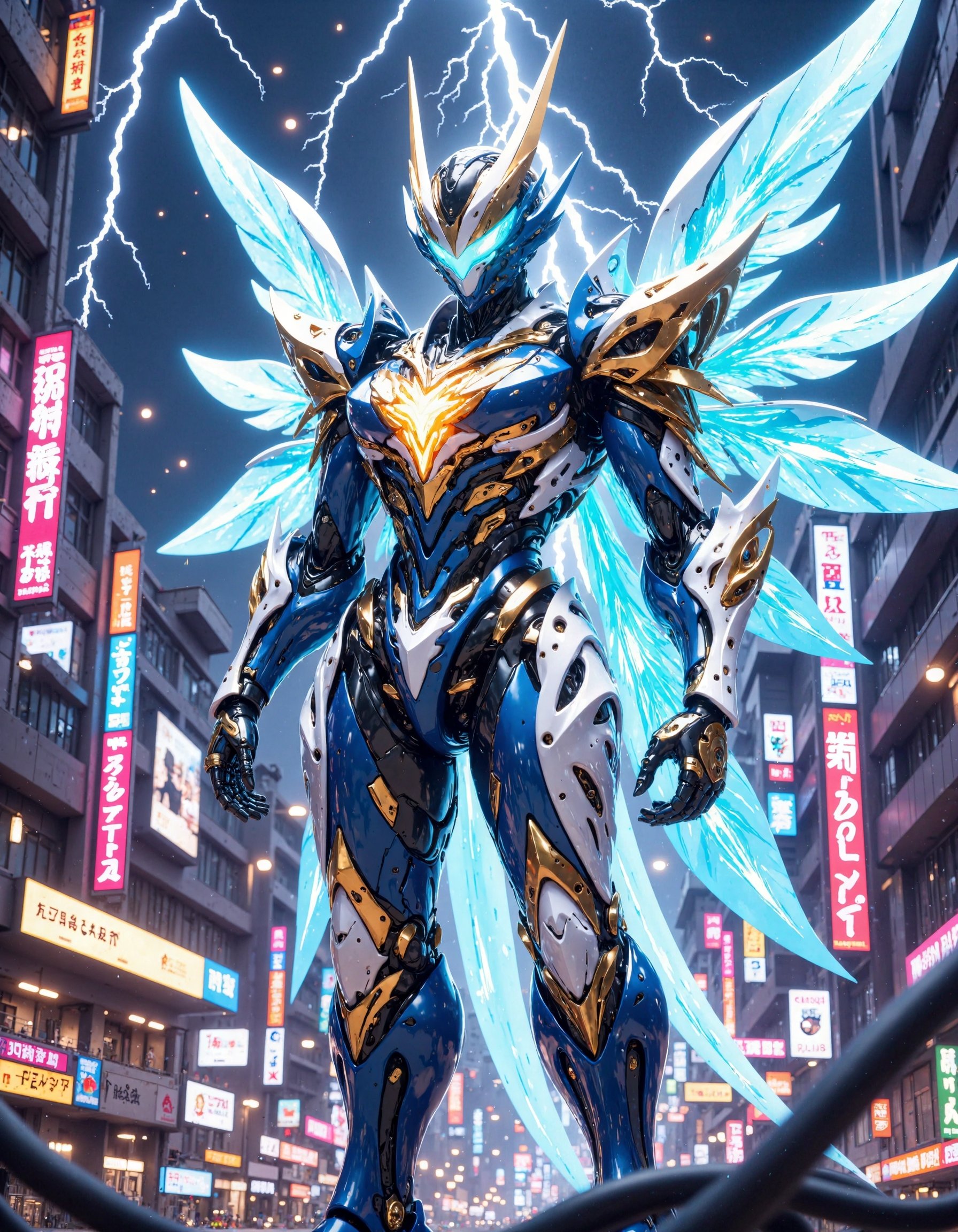 "A hyper-realistic,  ultra-detailed superhero mecha standing triumphantly on a futuristic skyscraper,  bathed in the radia...