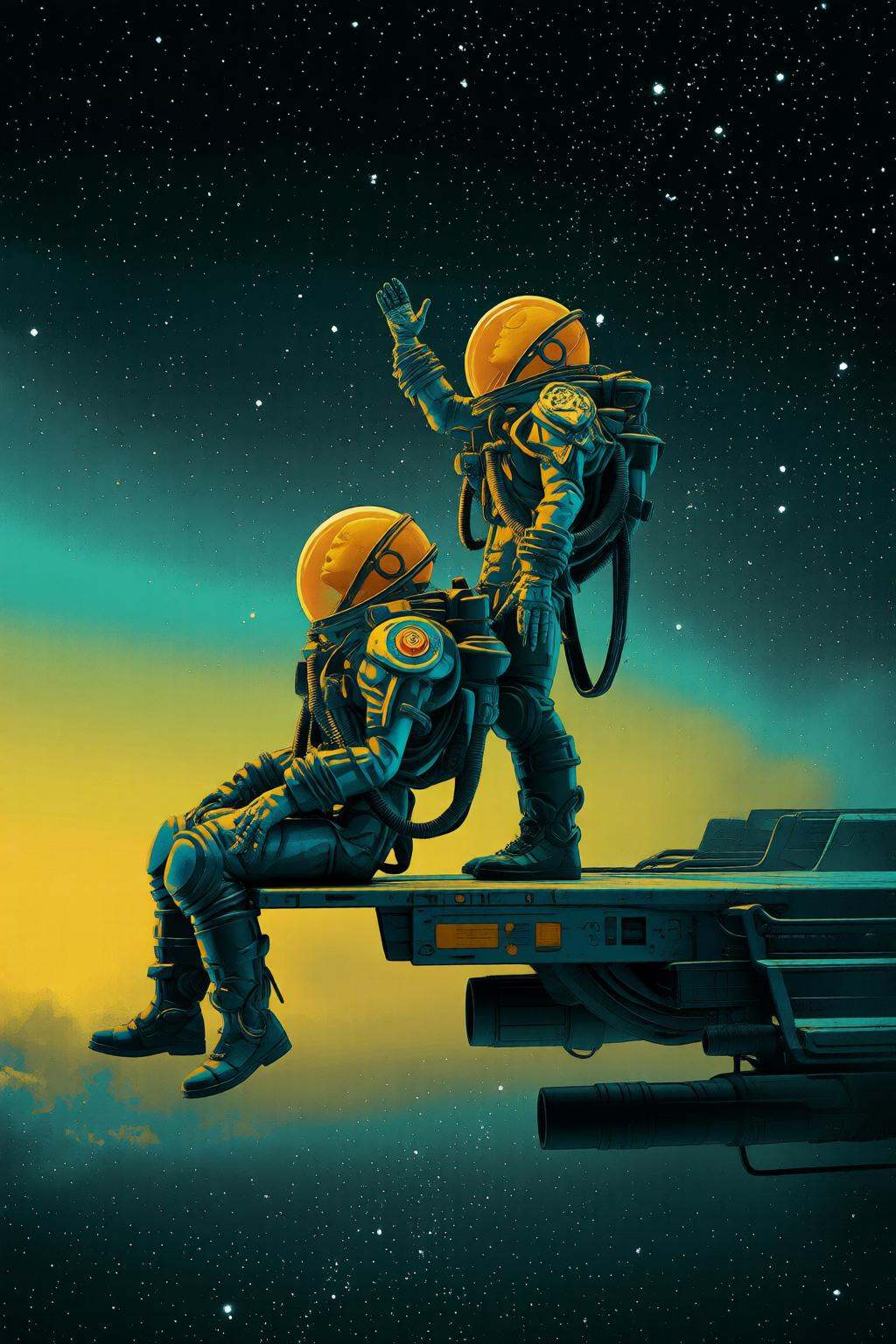 pascalblanche2q illustration.Two astronauts in a space setting. They are wearing detailed spacesuits with helmets and viso...
