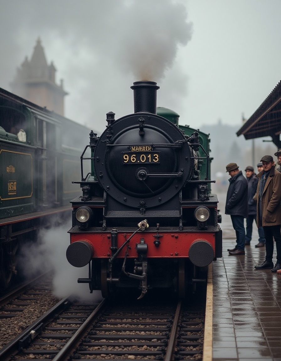 A vintage steam locomotive,  number "96.013",  stands majestically at a train station on Tensor.Art