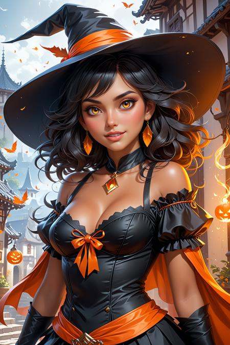Full shot of a mischievous young witch with a cute smile about to get up to some trouble. Latin inspired fashion. Black an...