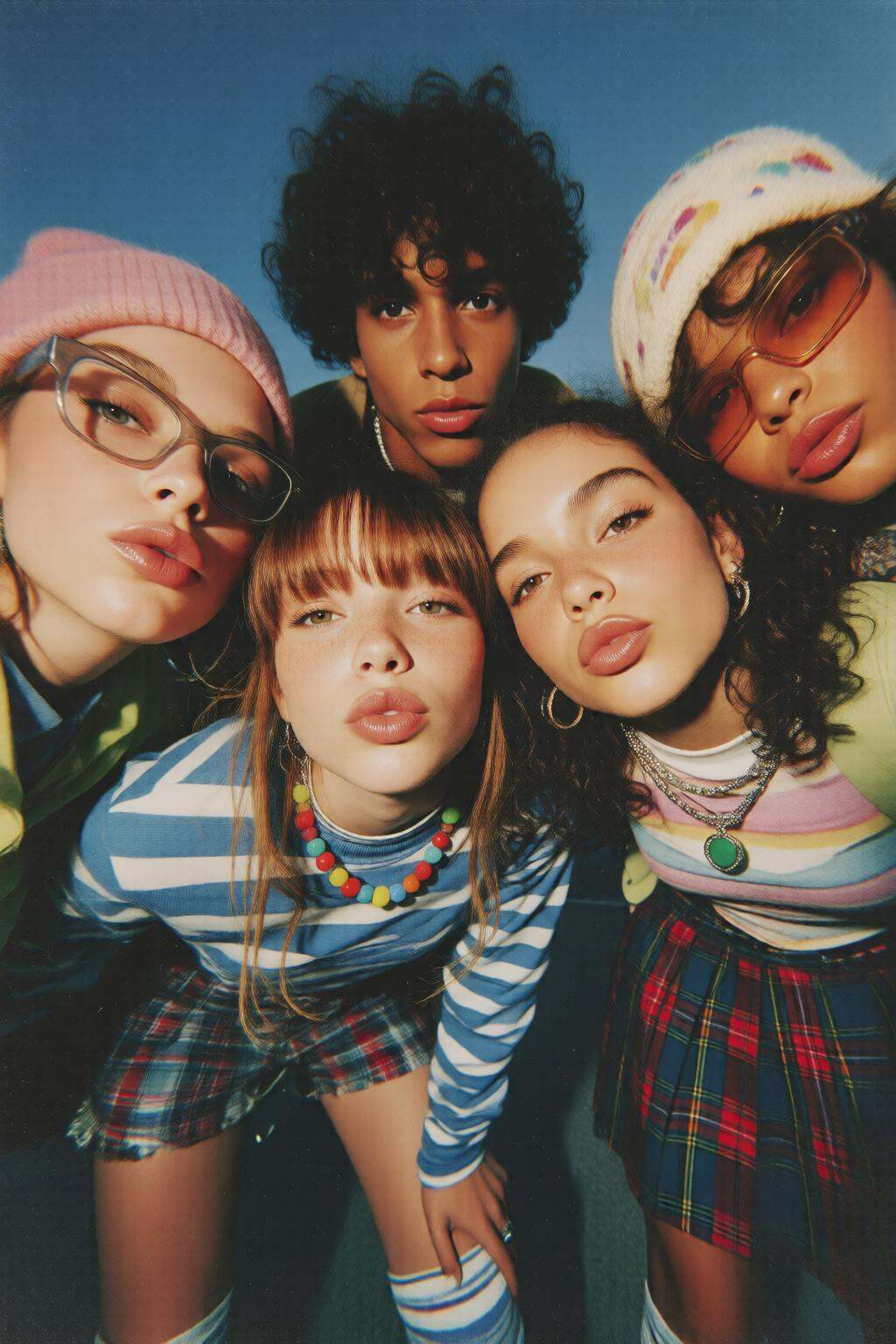 midjourneylowangle11q Low angle shot. A group of four young women and a young man,  each wearing colorful and stylish clot...