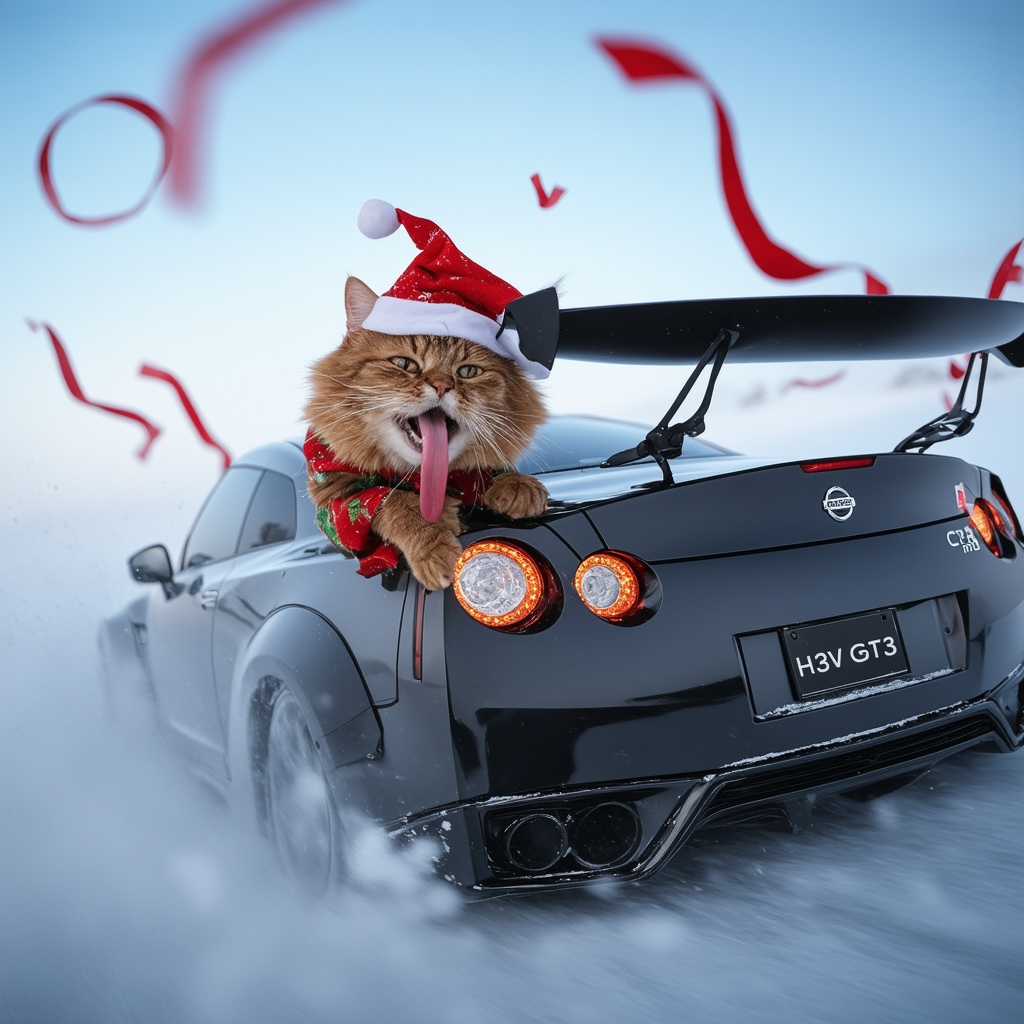 A comical and action-packed scene of a cat dressed in a vibrant Christmas outfit,  gripping tightly onto the rear wing of...